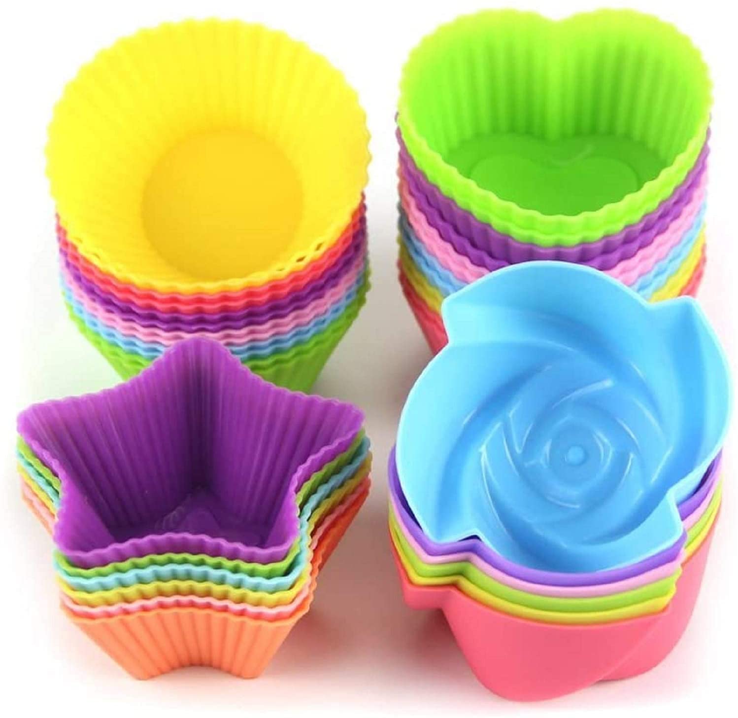 Letgoshop Silicone Cupcake Liners Reusable Baking Cups Nonstick Easy Clean Pastry Muffin Molds 4 Shapes Round, Stars, Heart, Flo