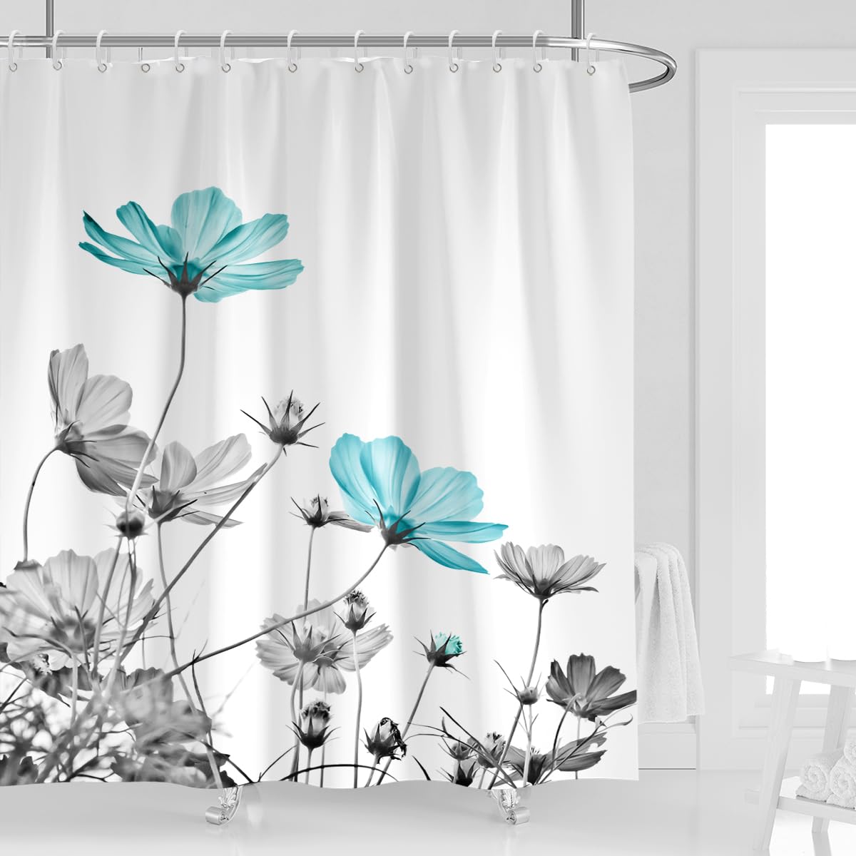 Kikiry Extra Long Shower Curtain 72''W X 84''L Tall Teal Gray Floral Daisy Elegant Flower Grey Cute Wildflower Botanical Bathroo