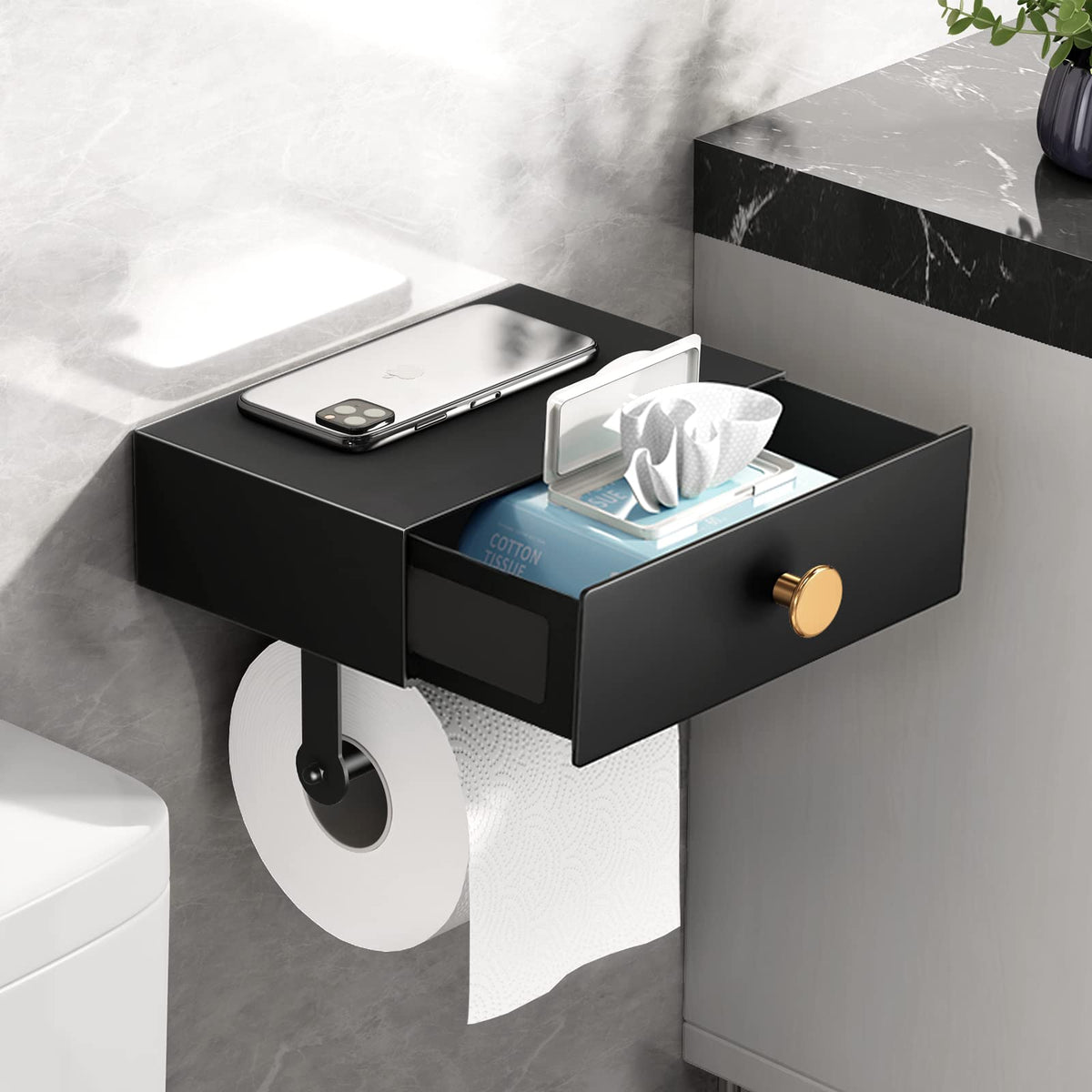 Voldra Toilet Paper Holder With Shelf Black Wipes Dispenser For Bathroom Stainless Steel Toilet Paper Holder With Storage Drawer