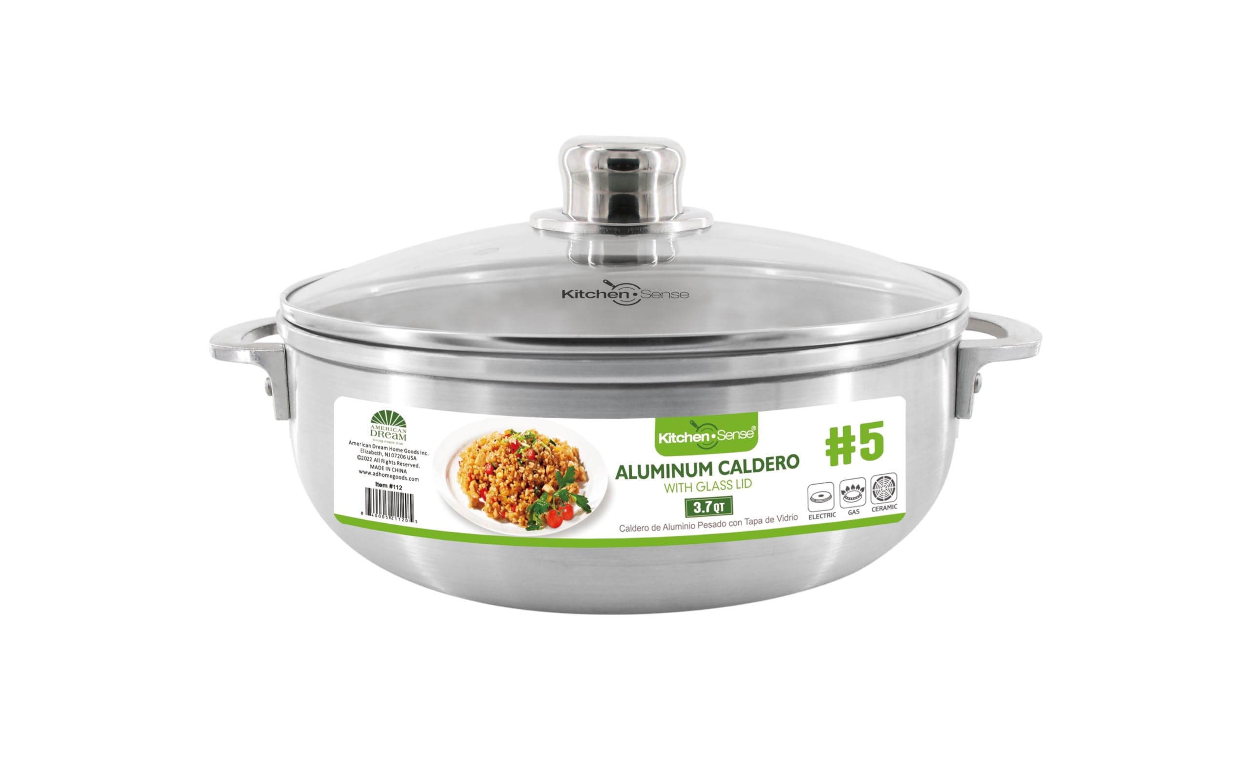 Kitchen Sense Polished Aluminum Caldero Dutch Oven Cauldron With Glass Lid, And Stainless Steel Knobs, 3.7 Quart