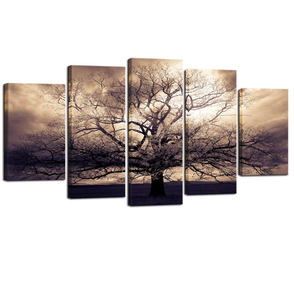 Sechars - 5 Piece Large Canvas Wall Art Sepia Tree Of Life Picture Photo Art Print On Canvas Mysterious Fantasy Forest Artwork F