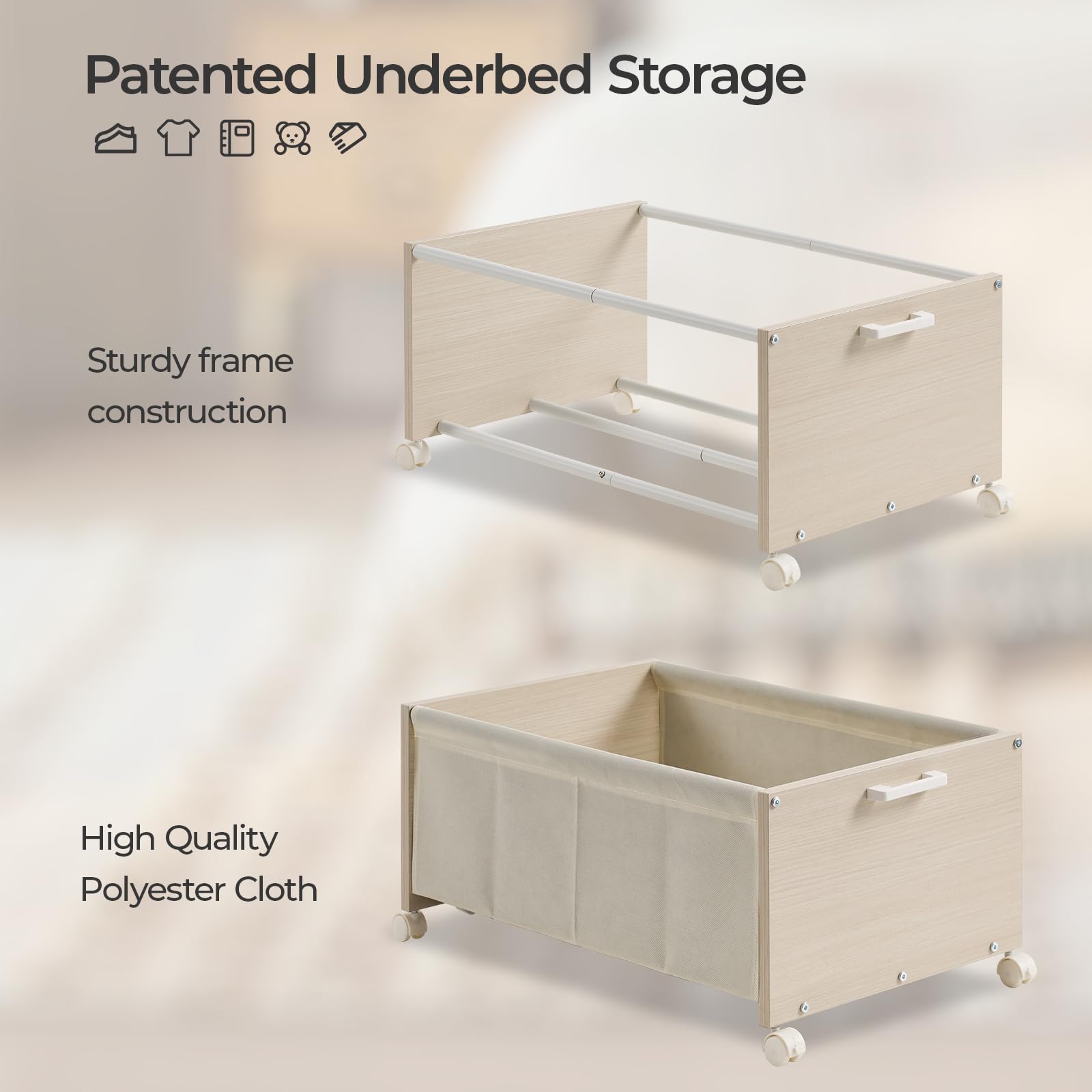 FOUCSSOMEI Under Bed Storage with Wheels, Under Bed Drawers Heavy Duty, 2 Packs, Wooden Under Bed Storage Containers Organizer,