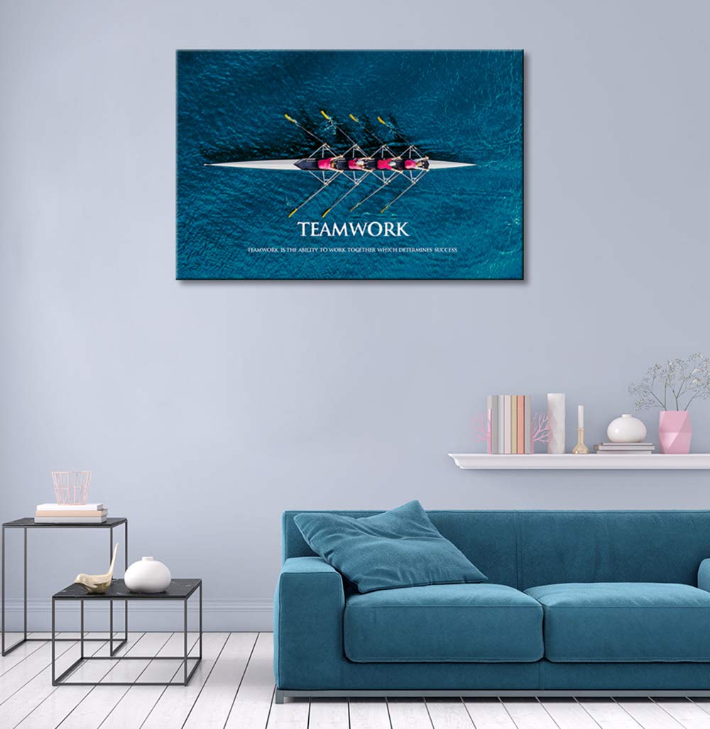 Klvos Inspirational Success Teamwork Canvas Wall Art Rowing Team On Blue Ocean Framed Motivational Self Positive Office Quotes P