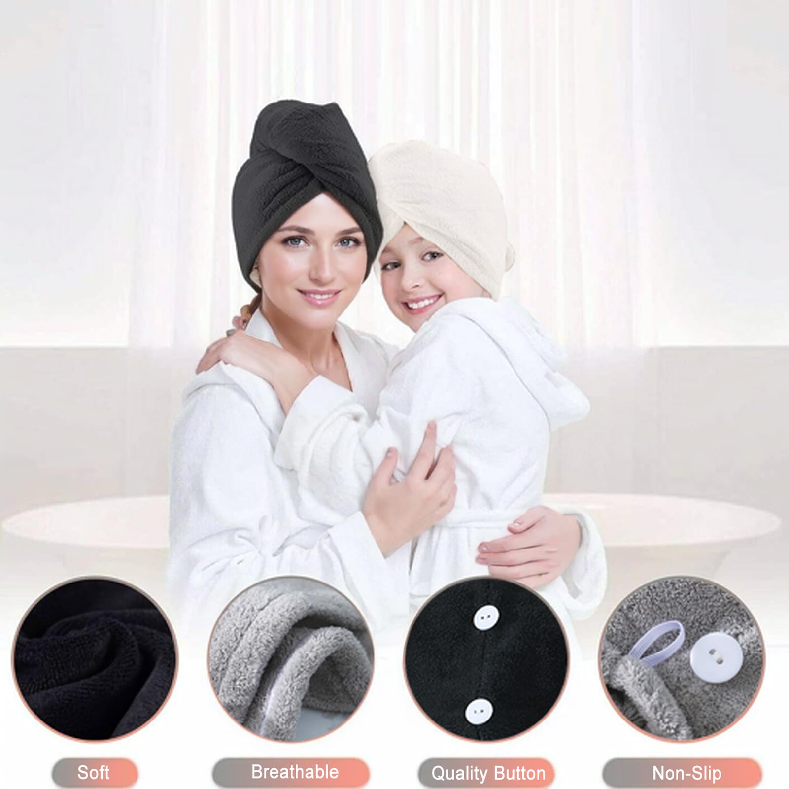 SURPRISE PIE Microfiber Hair Towel Wrap for Women,2Pack Hair Towels with Button,Super Absorbent Hair Turbans for Wet Hair, Long,