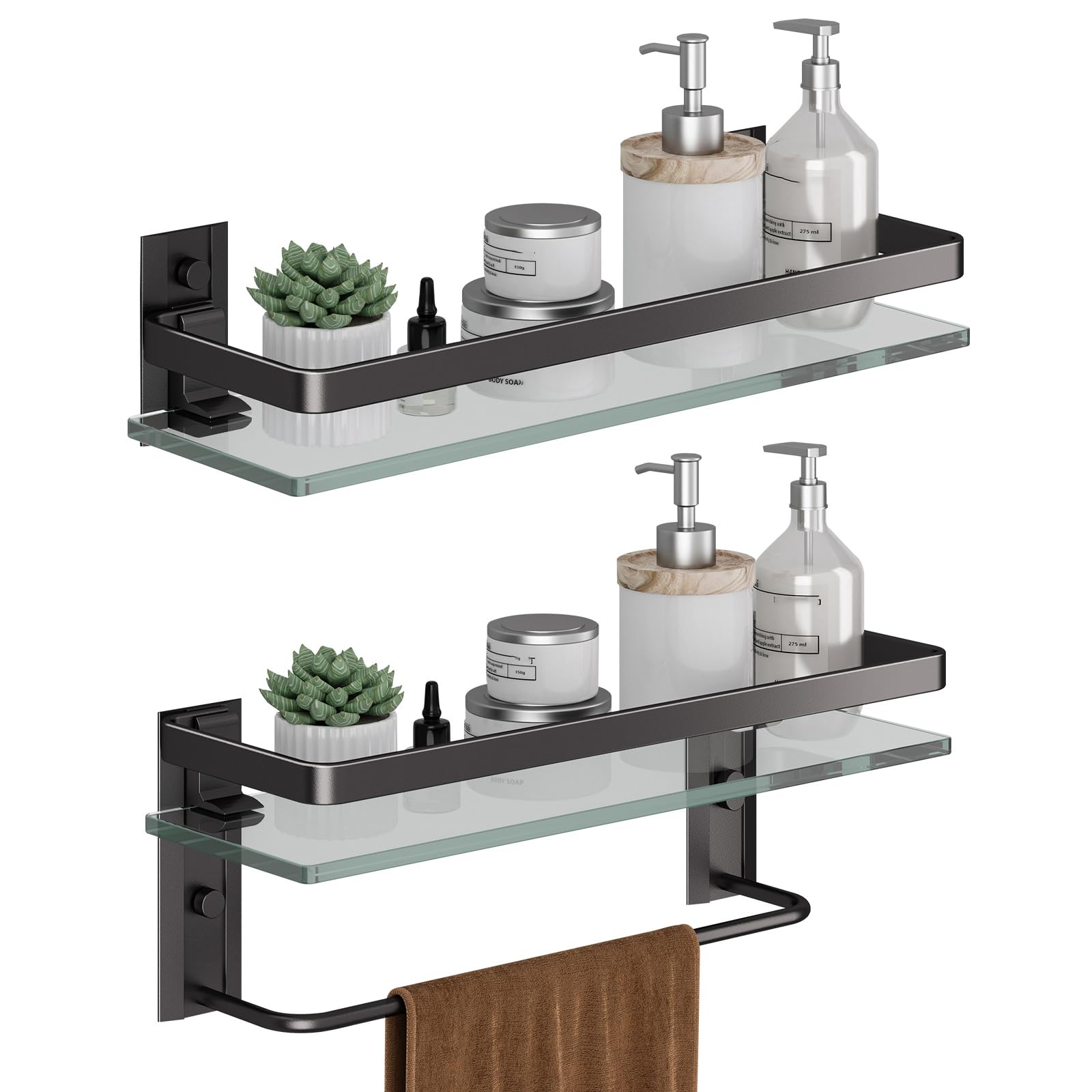 Danpoo Bathroom Shelves Wall Mounted, Clear Tempered Glass Shelf With Towel Bar, Hand Towel Holder(Matte Black)