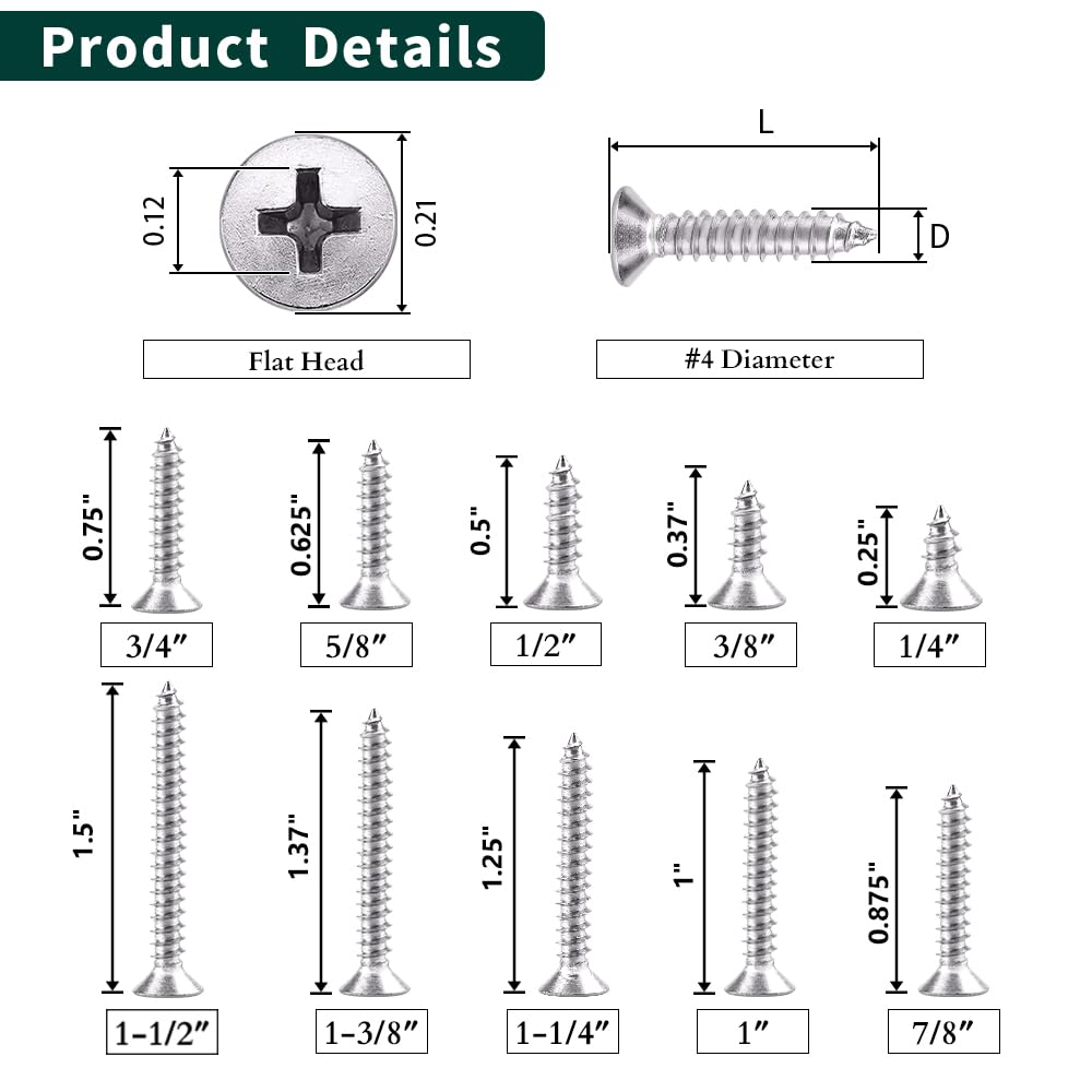 4 X 12 (200 Pcs) Flat Head Sheet Metal Screws Phillips Drive Wood Screws, 304 Stainless Steel 18-8, Self Tapping Screws