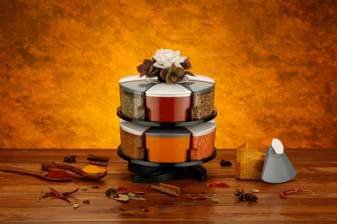 C V 360 Degree Revolving Round Shape Transparent Pack Of 12 Jar Spice Rack/Container 2 Layer Spice Rack Grey