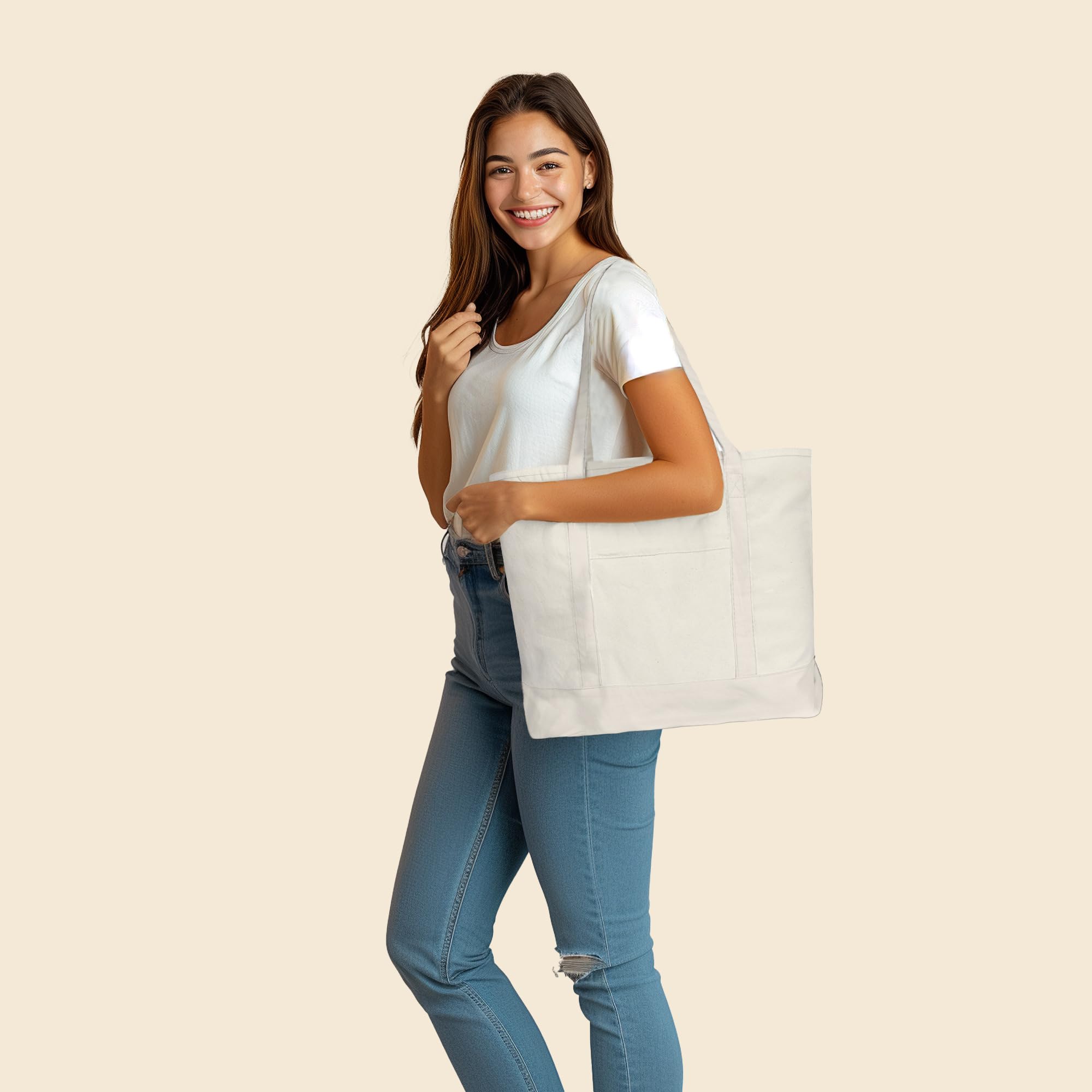 Dalix 22'' Large Cotton Canvas Zippered Shopping Tote Grocery Bag In Natural