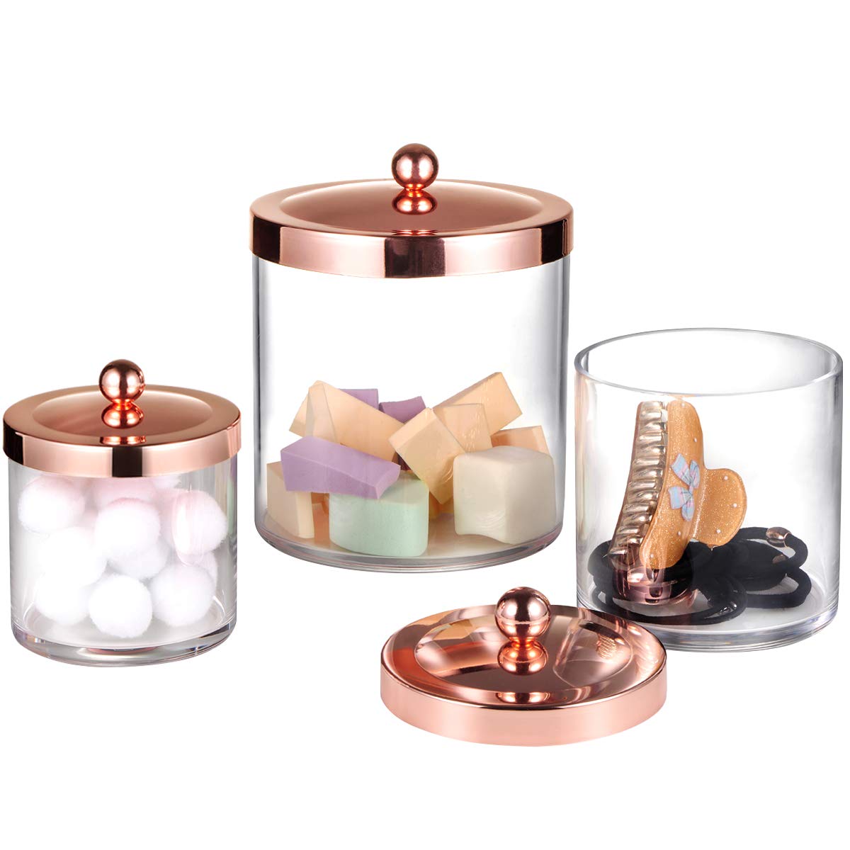 Premium Quality Apothecary Jars - Clear Plastic Storage Jars with Rust Proof Stainless Steel Lids - Bathroom Vanity Countertop Storage Organizer Canister Holder House Decor | Set of 3 (Rose gold)