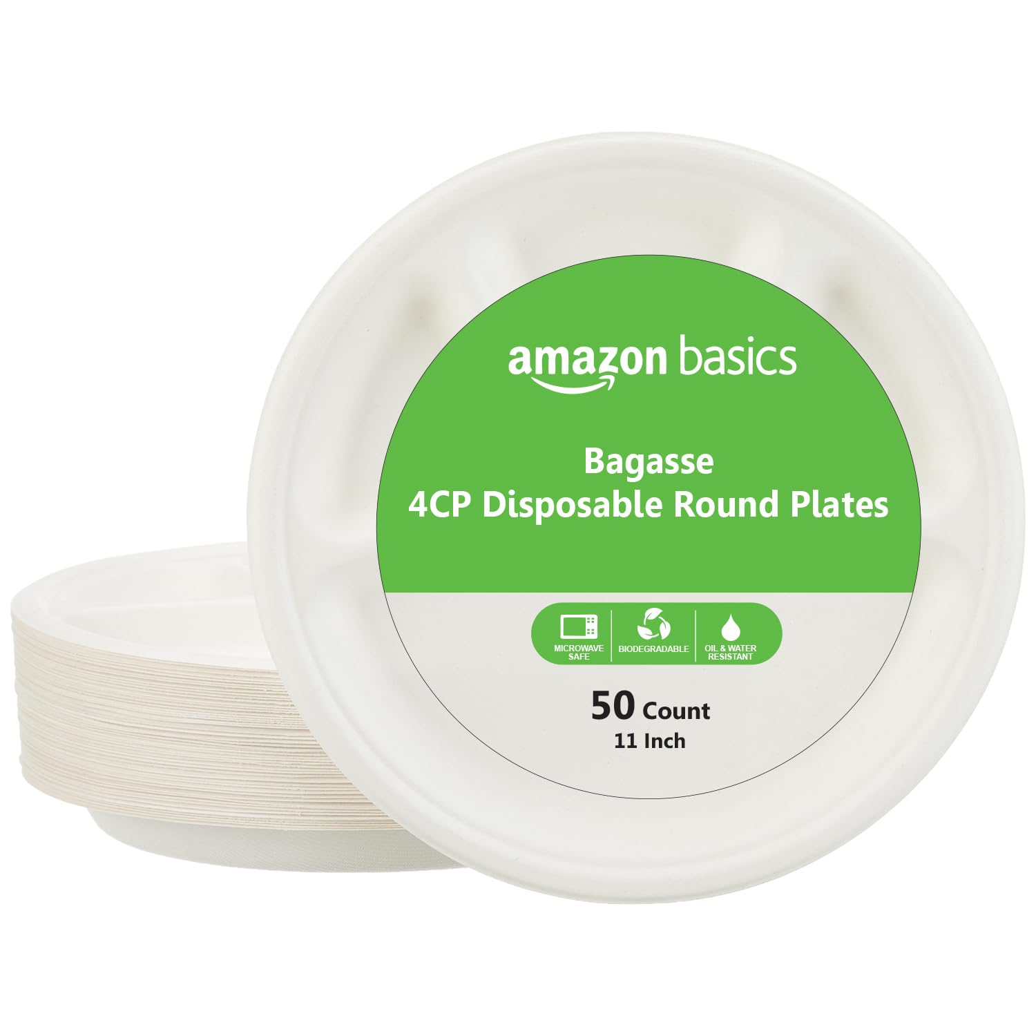 Amazon Basics 4Compartment Bagasse Disposable Round Plates | 11 Inch  Pack Of 50 | Biodegradable | LeakResistant | Hot & Cold