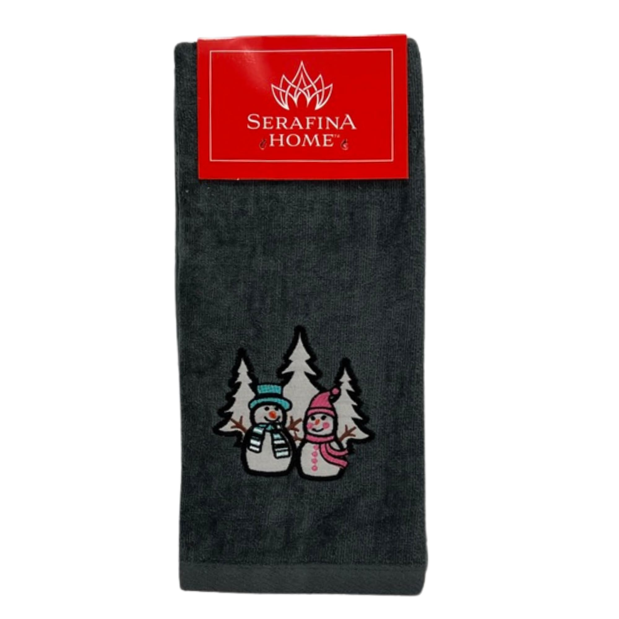 Luxury Holiday Christmas Hand Towels, Embroidered Snowmen, Forest Trees, Velour Terry Cotton, Grey, Set Of 2