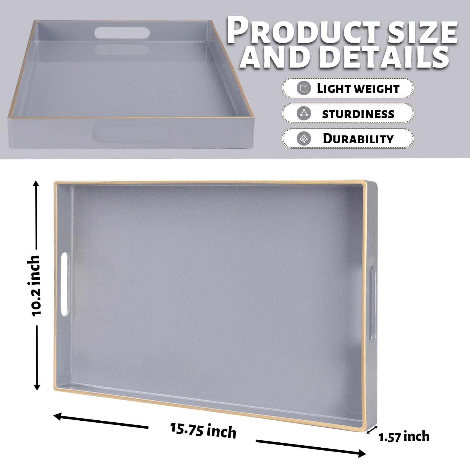 Maoname Gray Serving Tray With Handles, Modern Grey Decorative Tray For Coffee Table, Plastic Rectangular Gray Tray For Ottoman,