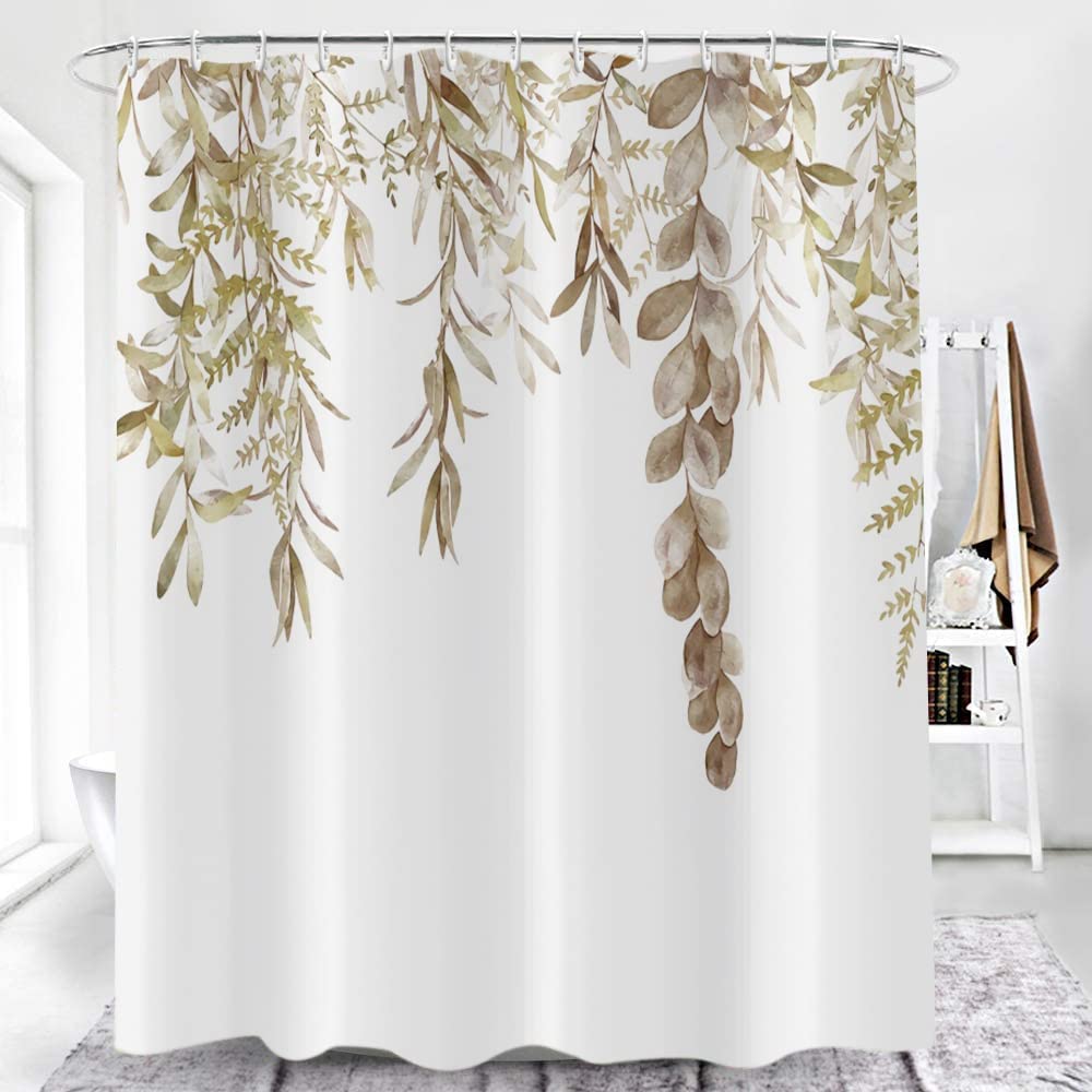 Gcirec Botanical Shower Curtains (72'' X 72''), Watercolor Autumn Eucalyptus Leaf Plant Tan Bathroom Curtain For Bathtub Home De