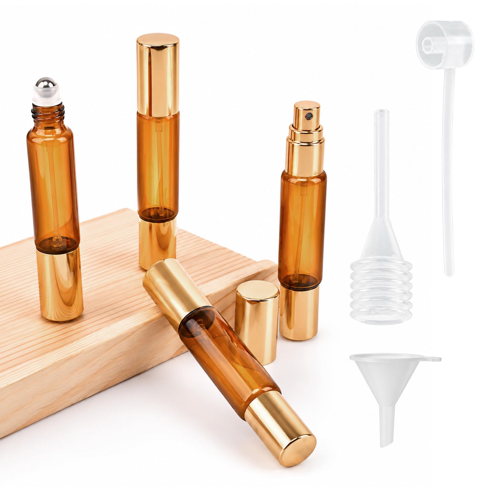 KEVRALIUS Double Ended Perfume Bottle, 4 Pack 10ml Refillable Travel Perfume Bottle With Roller Ball &Spray, Amber Glass Roller 