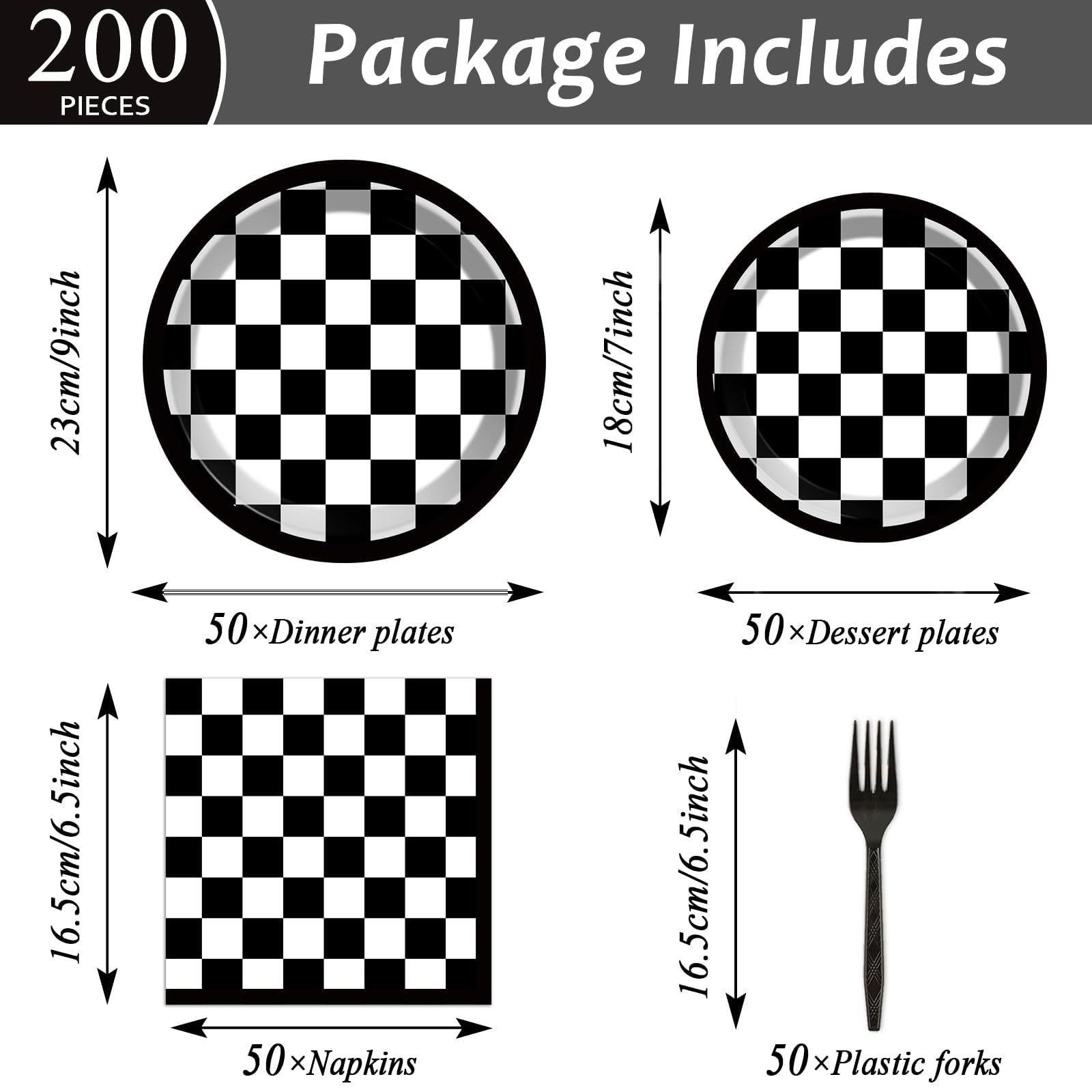 200 Pcs Checkered Flag Party Supplies Black And White Checkered Paper Plates Racing Car Party Plates Napkins Forks Disposable Bl