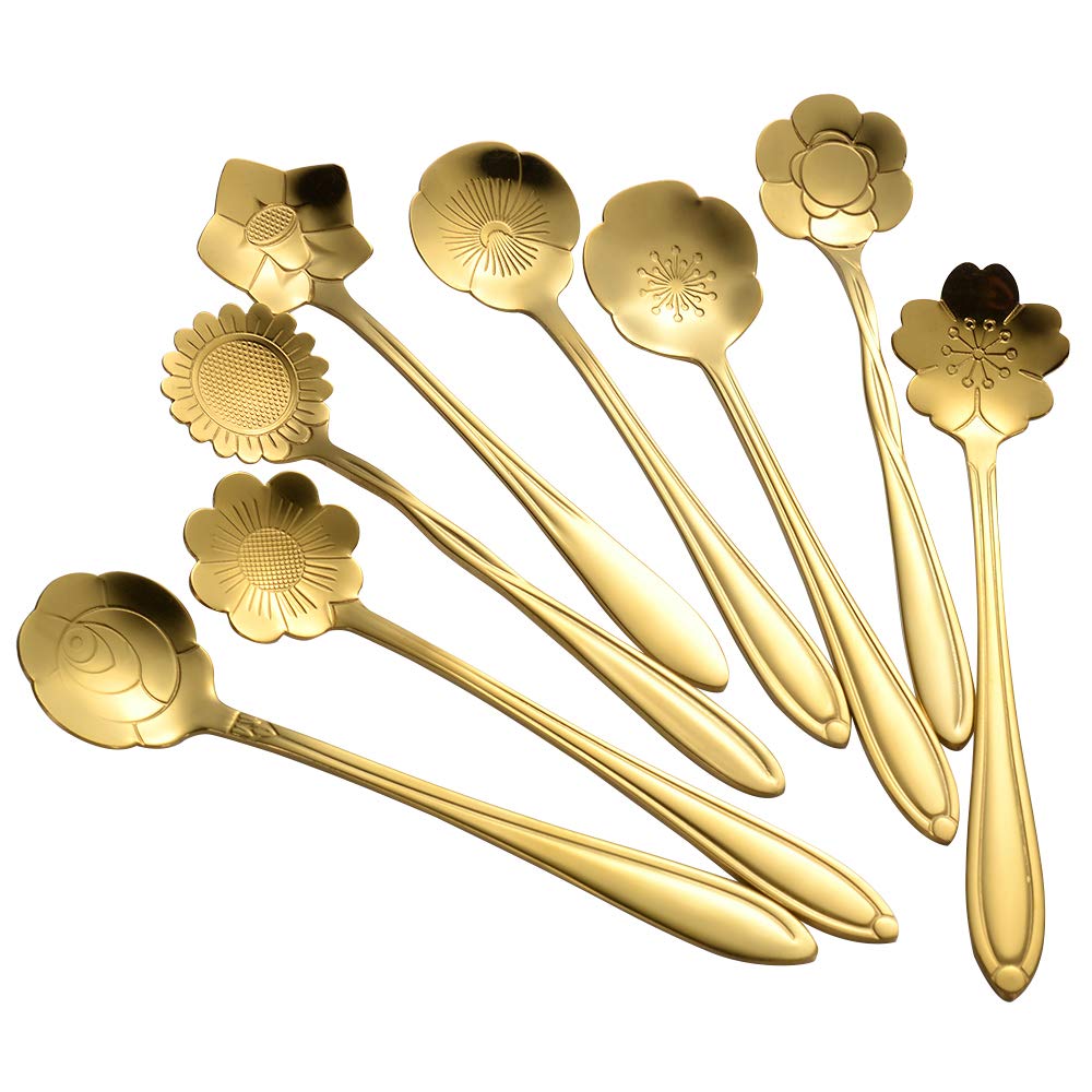 Ansaw 8 Pcs Flower Spoon Set, Stainless Steel Reusable Tea Scoops Stirring Spoon Coffee Spoon Mixing Spoon Sugar Dessert Cake Sp
