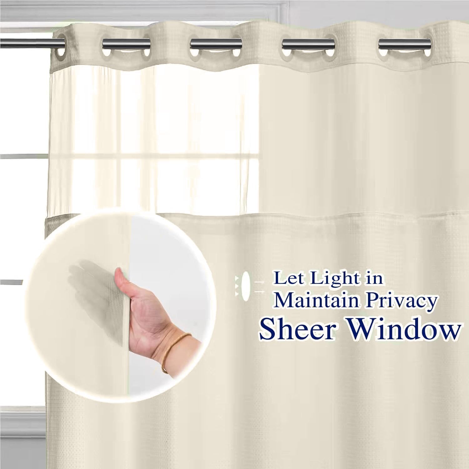 Cypl No Hooks Required Long Waffle Weave Shower Curtain With Snap In Liner-Hotel Grade Waterproof & Mesh Top Window Spa Like Bat