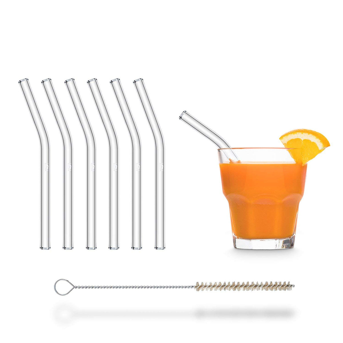 Halm Glass Straws - 6X Short 6 Inch Bent Reusable Drinking Straws + Plastic-Free Cleaning Brush - Dishwasher Safe - Eco-Friendly