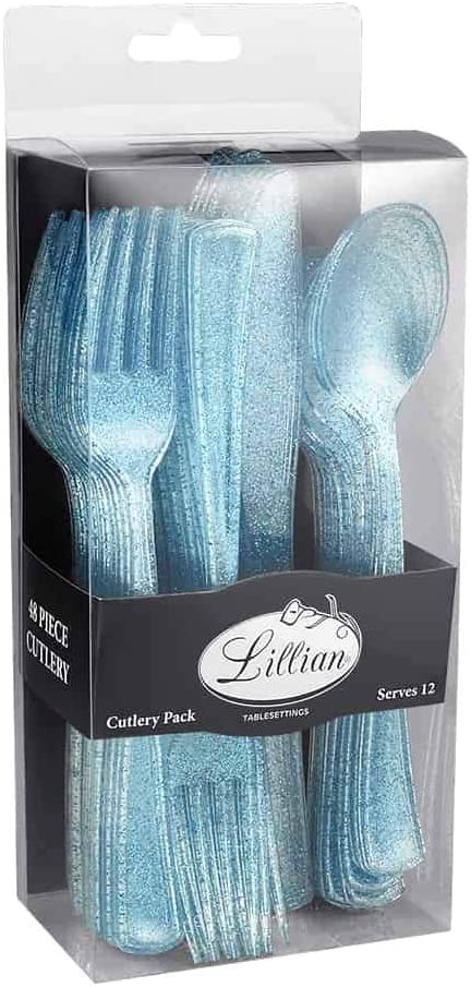 Premium Blue Glitter Plastic Cutlery Set (Pack Of 48) - Disposable Flatware Set, Perfect Party Supplies For Birthday Parties, Ba