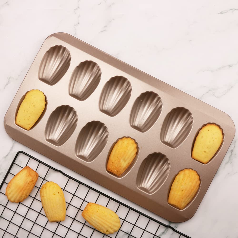 2 Pack Madeleine Pans For Baking, 12 Cavity Heavy Duty Shell Shape Baking Mold Nonstick Cookie Cake Pan For Oven(Gold)