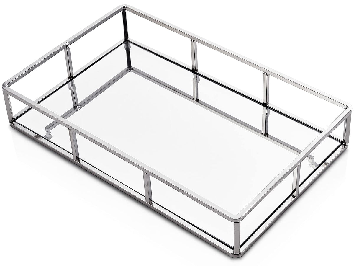 Putwo Metal Vanity Jewelry Decor Mirror Tray, Glass Perfume Organizer For Bathroom, Counter, Silver