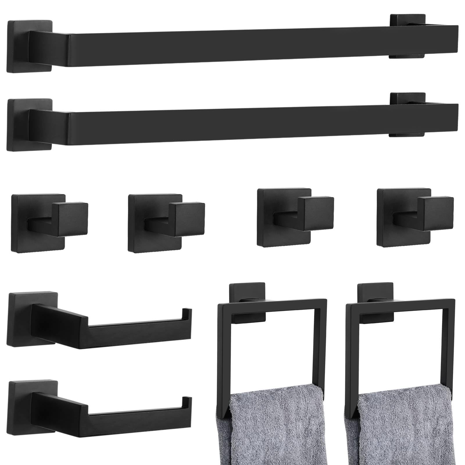 10-Piece Matte Black Bathroom Hardware Set Towel Bar Set For Bathroom Include 24 Inch Towel Bar Towel Ring Tp Holder Coat Hooks