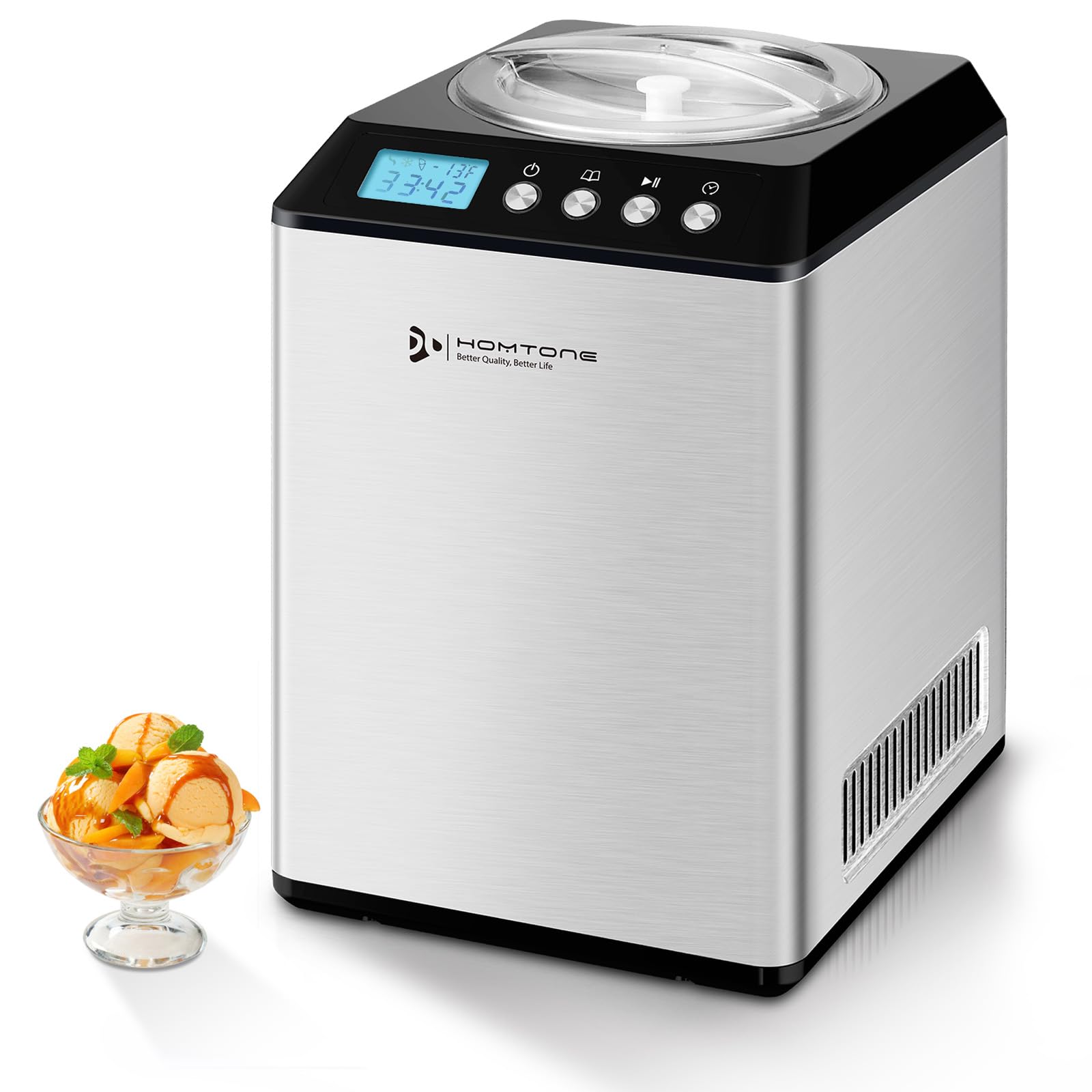 Homtone 2.64QT Ice Cream Maker with Compressor, Largest Capacity Automatic Ice Cream Maker Machine - No Pre Freezing, Gelato Mak