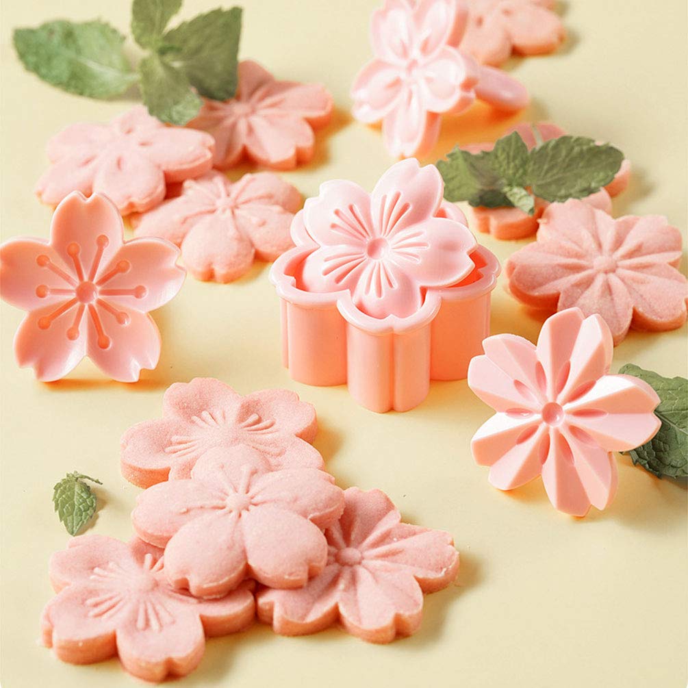 Goeielewe Pastry/Cookie/Fondant Stamper, 2-Inch Press Cookies Mold With 4 Stamps Pink Cherry Blossom Shape Flower Hand Pressure