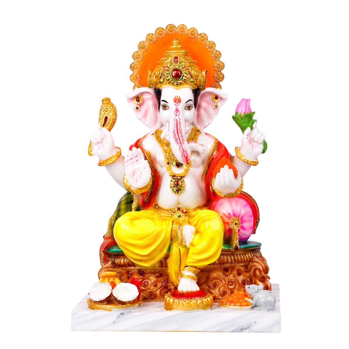 Divine Gifts Ganesh Marble Idol | Marble Statue | Murti for Pooja Room | Idols Home Decor (White & Golden) (Multi-Coloured, 12 I