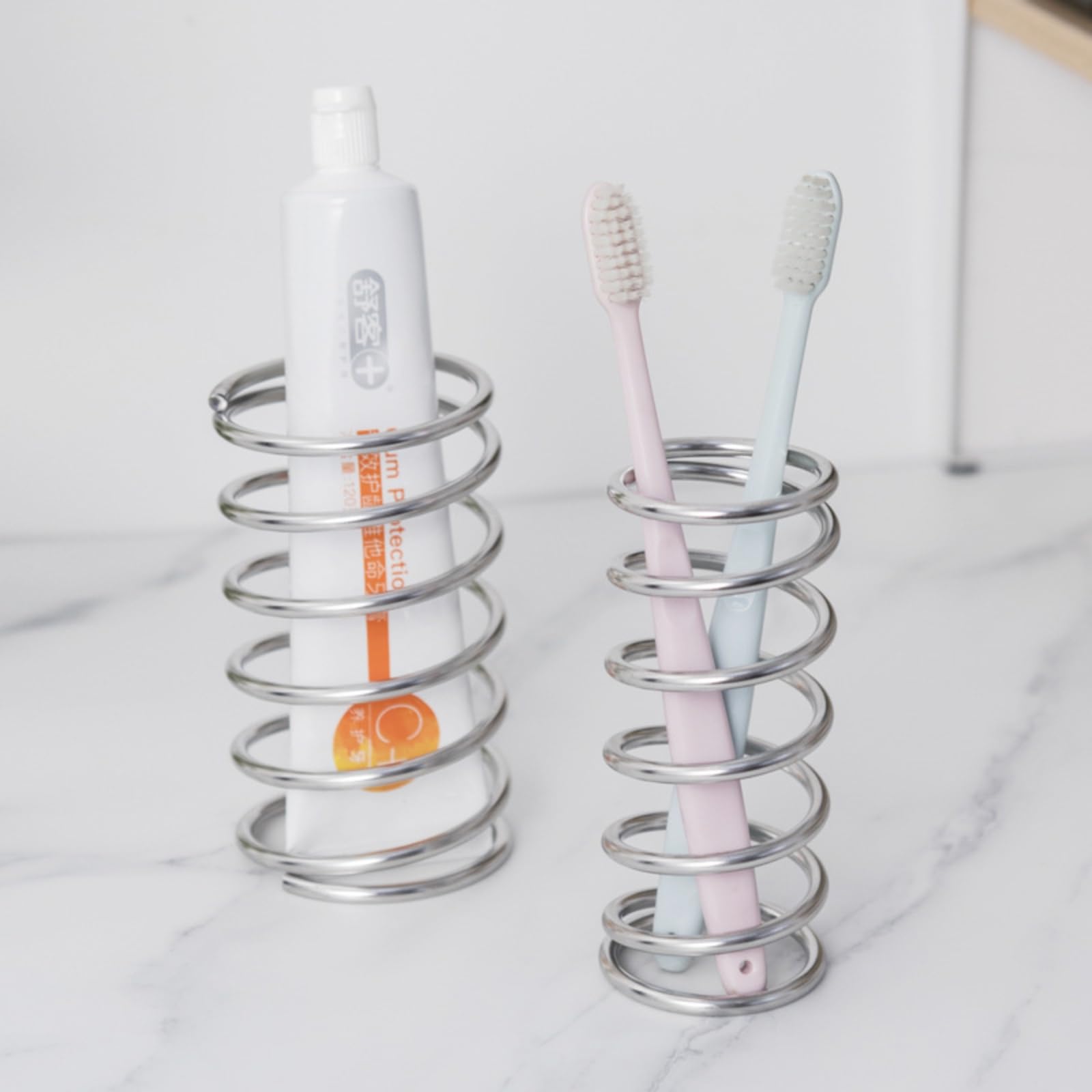 2Pcs Toothbrush Holders Steel Spring Shape Pen Holder Bathroom Tabletop Makeup Brush Organizer Toothbrush Stand