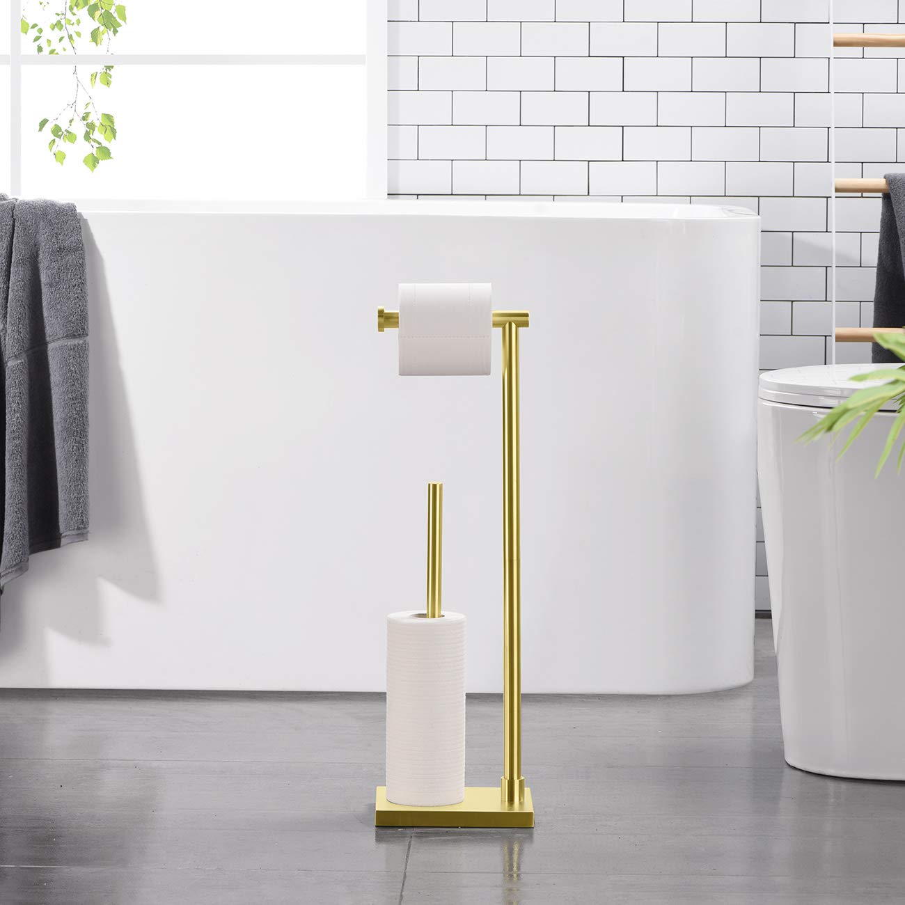 Hoooh Free Standing Toilet Paper Holder, Rustproof Stainless Steel Pedestal Lavatory Tissue Roll Holder Storage For 3 Rolls Of T