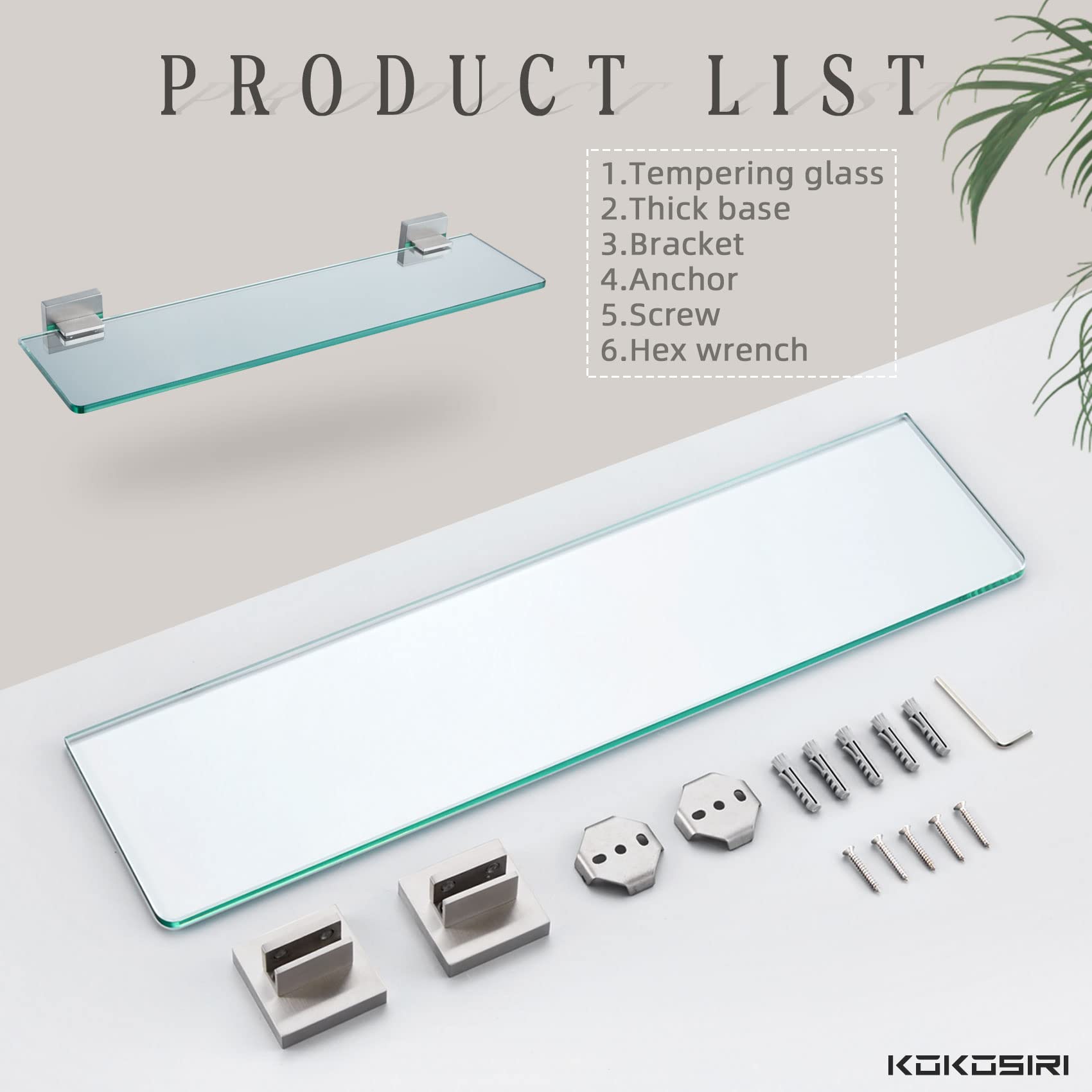 Kokosiri Wall Shelves Floating Bathroom Glass Shelf For Kitchen Storage, 20'' X 5.6'' Tempered Glass Wall Mounted Brushed Stainl