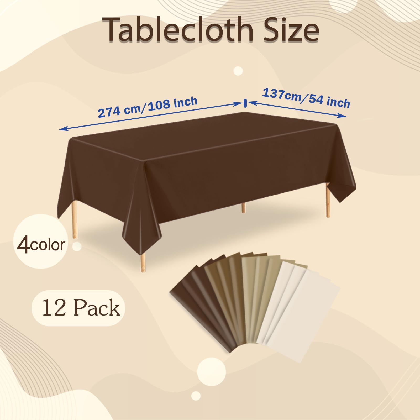 ZHIAXTON 12 Pack Brown Plastic Tablecloth,54 X 108 Inch Disposable Rectangle Table Cloth,4 Gradient Brown Colors Table Cover for