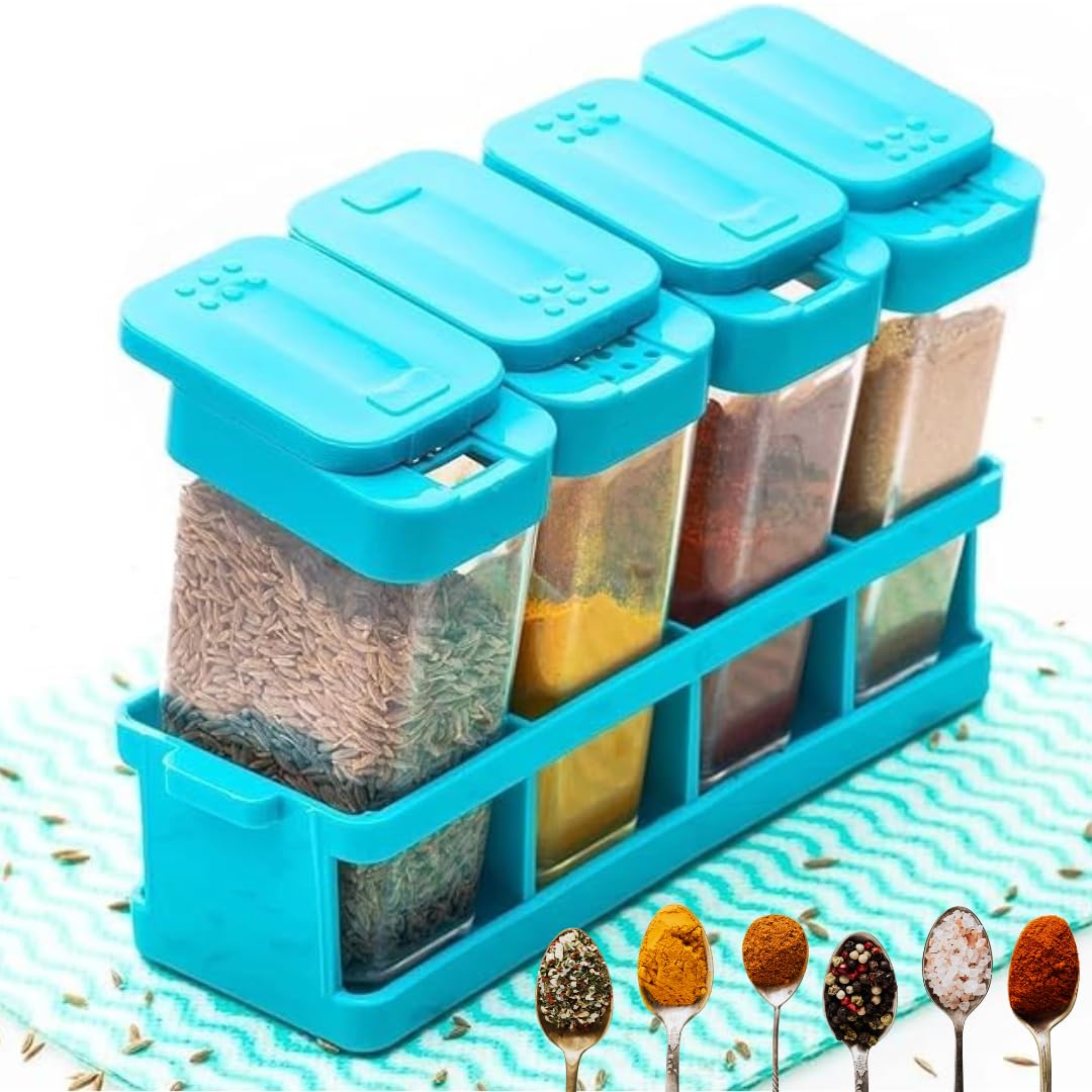 Ms Quality Zone 4 Piece Spice Box Set, Dual Hole Lid Container, Storage Organizer With Sprinkle Holes, Food Grade Plastic, 15X5X