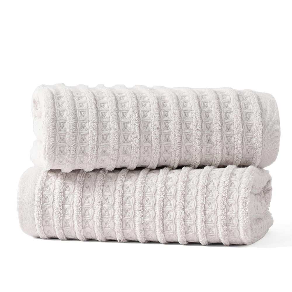 Sense Gnosis Light Grey Waffle Hand Towel Set Of 2 Super Soft 100% Cotton Terry Striped Pattern Ultra Absorbent Hand Towel For B