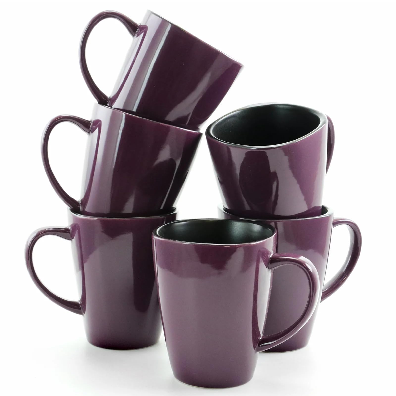 Elama 16 Ounce Stoneware Soft Square Coffee And Tea Mug Set, 6 Count (Pack Of 1), Solid Purple