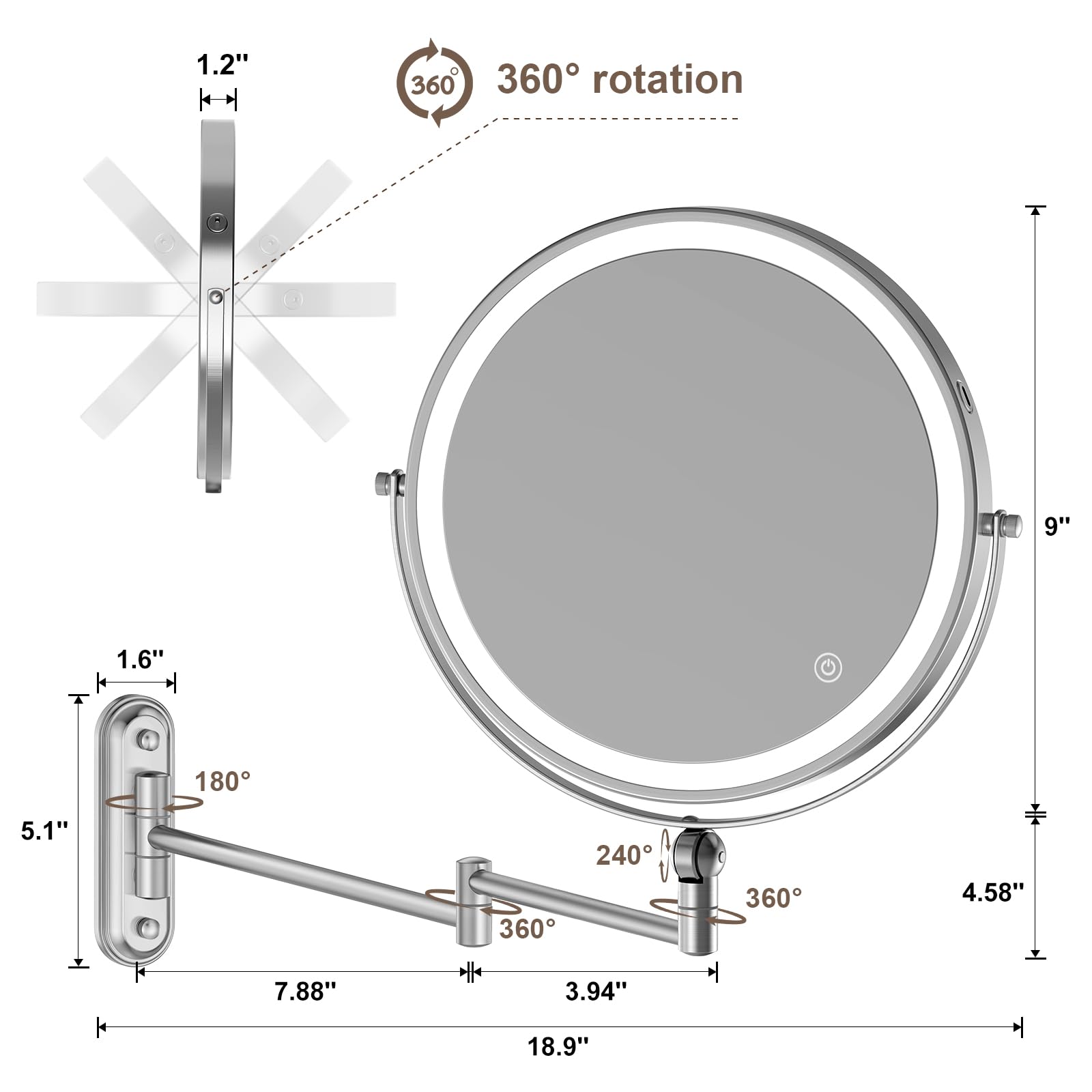 9'' Wall Mounted Makeup Lighted Mirror, 4000Mah Rechargeable Double Sided Led Vanity Mirror With Height Adjustable&1X/10X Magnif