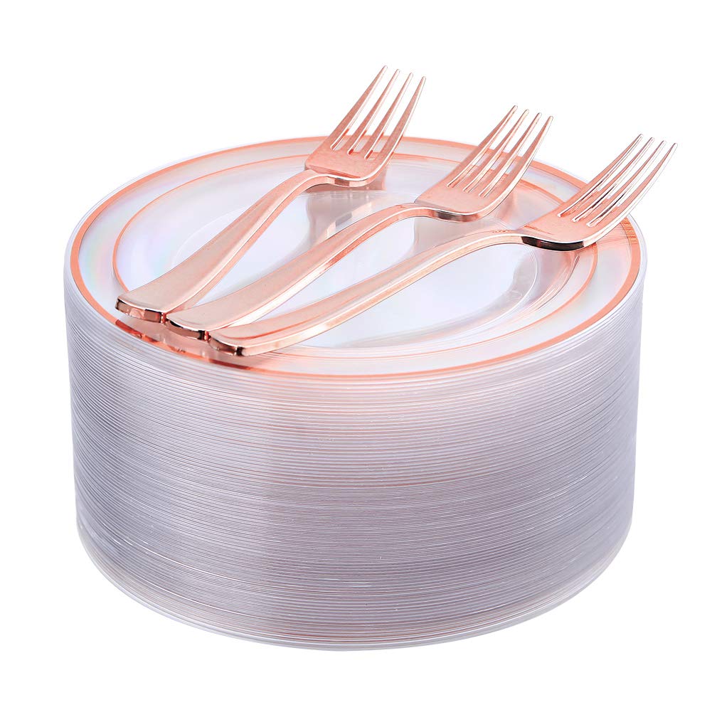 I00000 Rose Gold Plates 72 Pieces & Plastic Forks 72 Pieces, Small Valentine Plates 7.5 Inch, Premium Plastic Dessert Plates And
