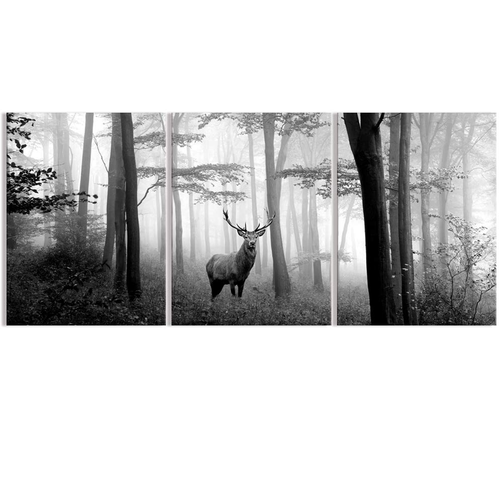 Visual Art Decor Black And White Wall Art Deer In Autumn Foggy Forest Picture Indeer Elk Stag Canvas Prints For Home Living Room