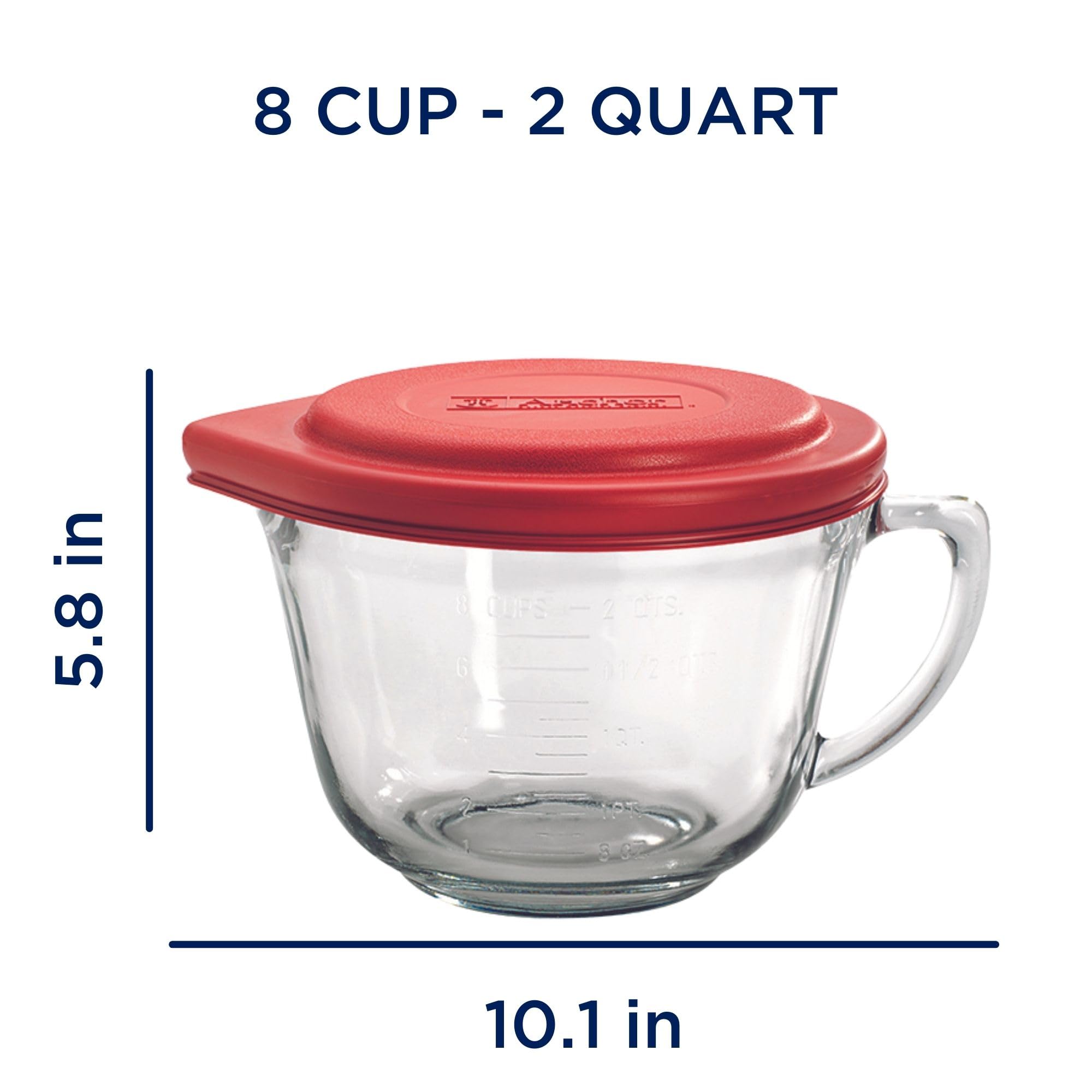 Anchor Hocking 2 Quart Glass Batter Bowl with Red Lid, Model 91557L7, Durable Mixing Bowl for Baking and Cooking