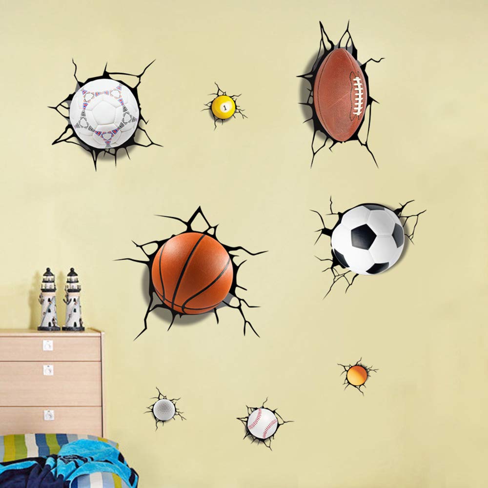 Supzone Sport Balls Wall Decals 3D Wall Stickers Break Through The Wall Removable Vinyl Diy Basketball Rugby Baseball Football W