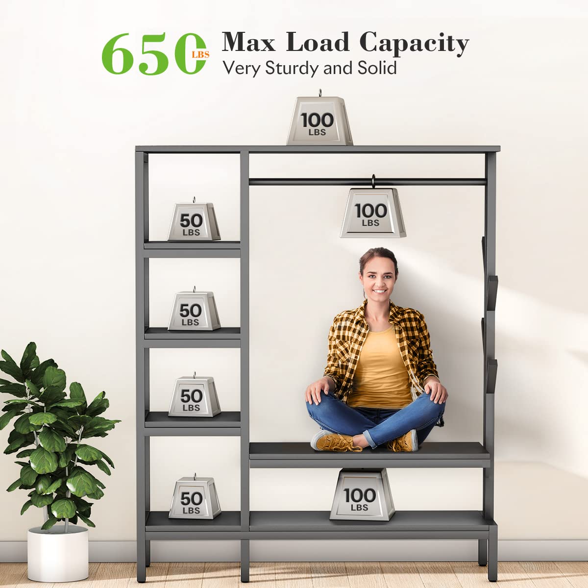 Hokeeper 650Lbs Capacity Free Standing Closet Organizer With 6 Metal Shelves And Coat Rack Heavy Duty Clothing Rack For Hanging
