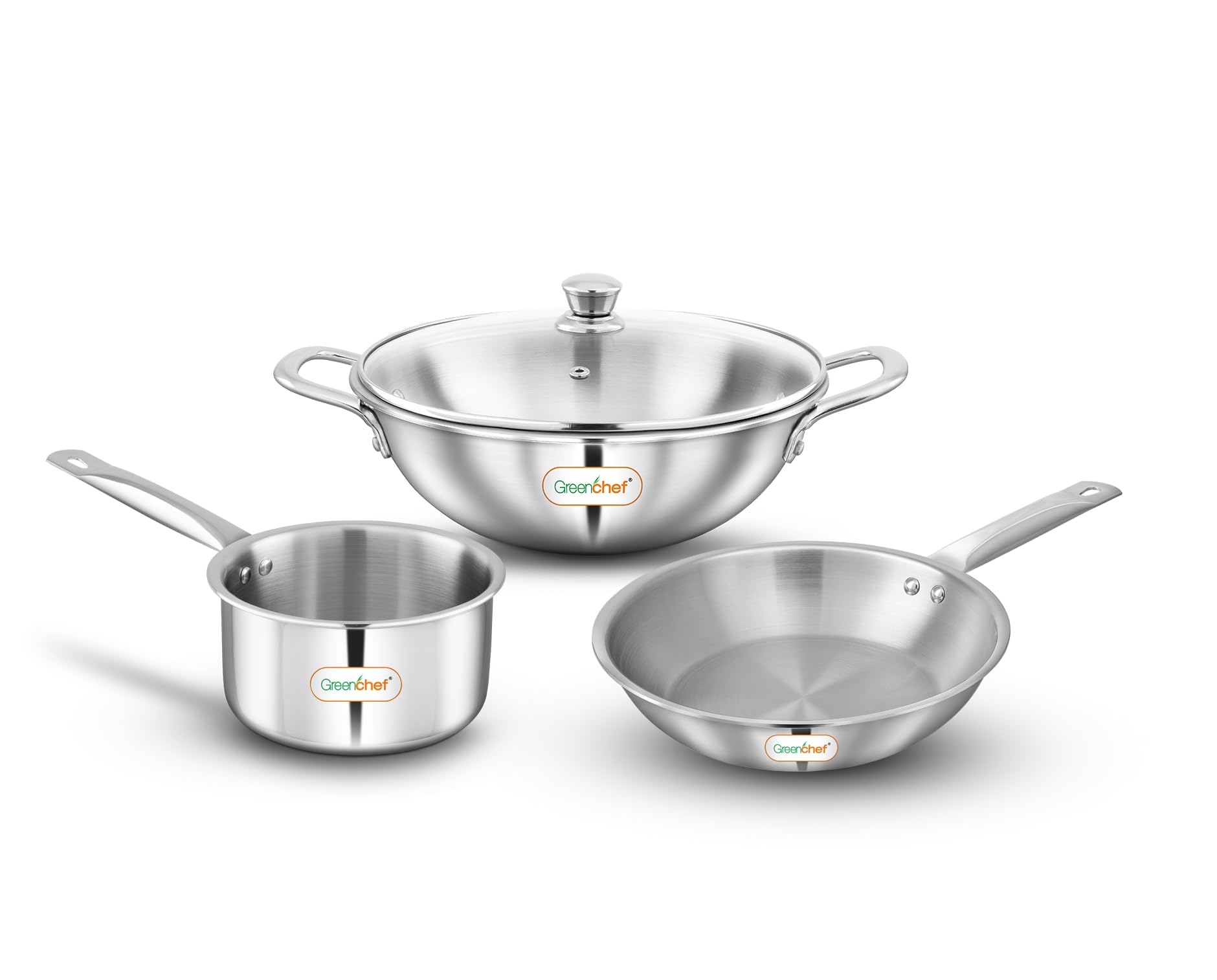 Greenchef Stainless Steel Tri Ply Stainless Steel Crest Combo (Kadhai 22Cm With Glass Lid, Frypan 22Cm, Saucepan 14Cm) Exterior 