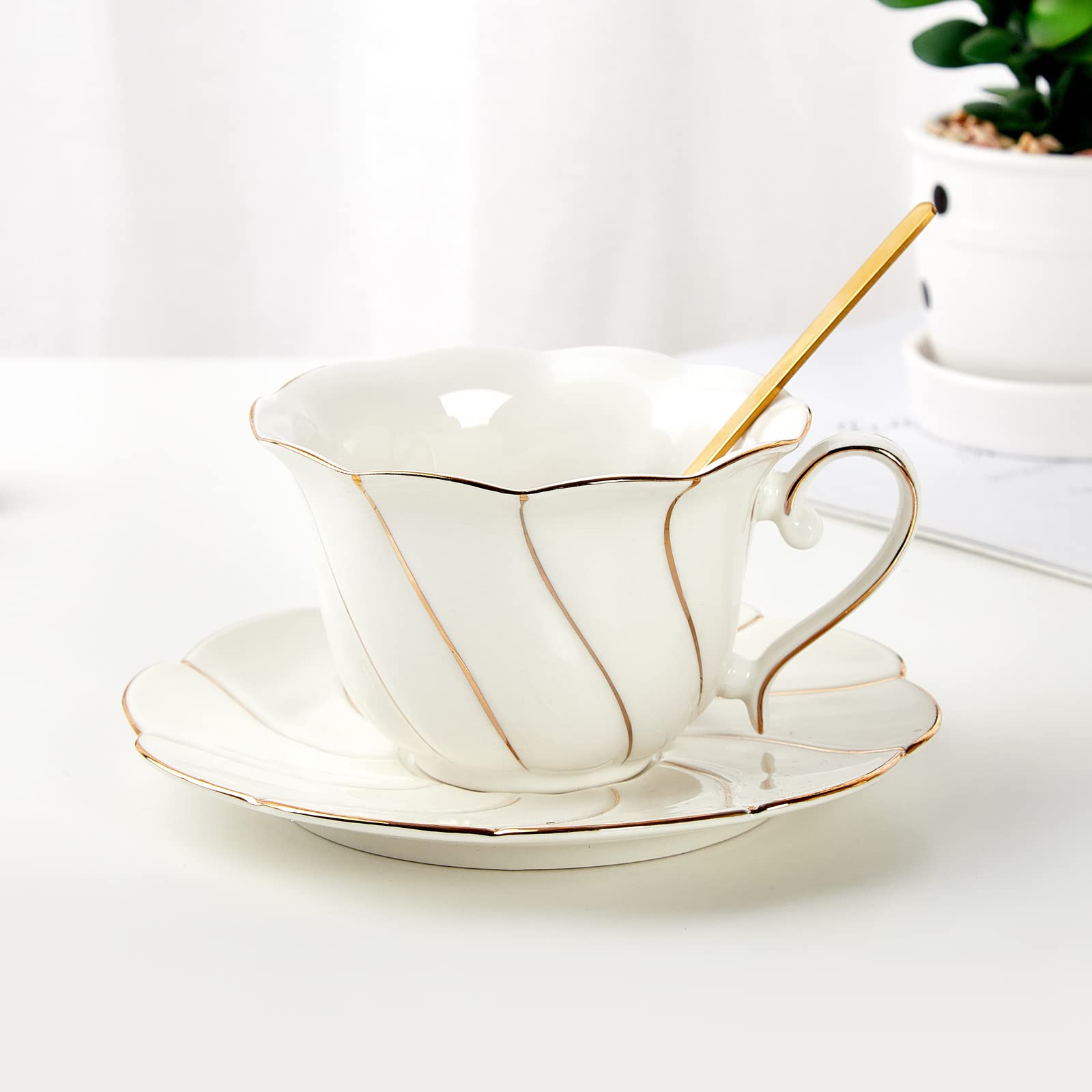 Dujust 3 Pcs Porcelain Tea Cup And Saucer Set With Tea Spoon, Luxury British Style Tea/Coffee Cup Set With Golden Trim, Beautifu