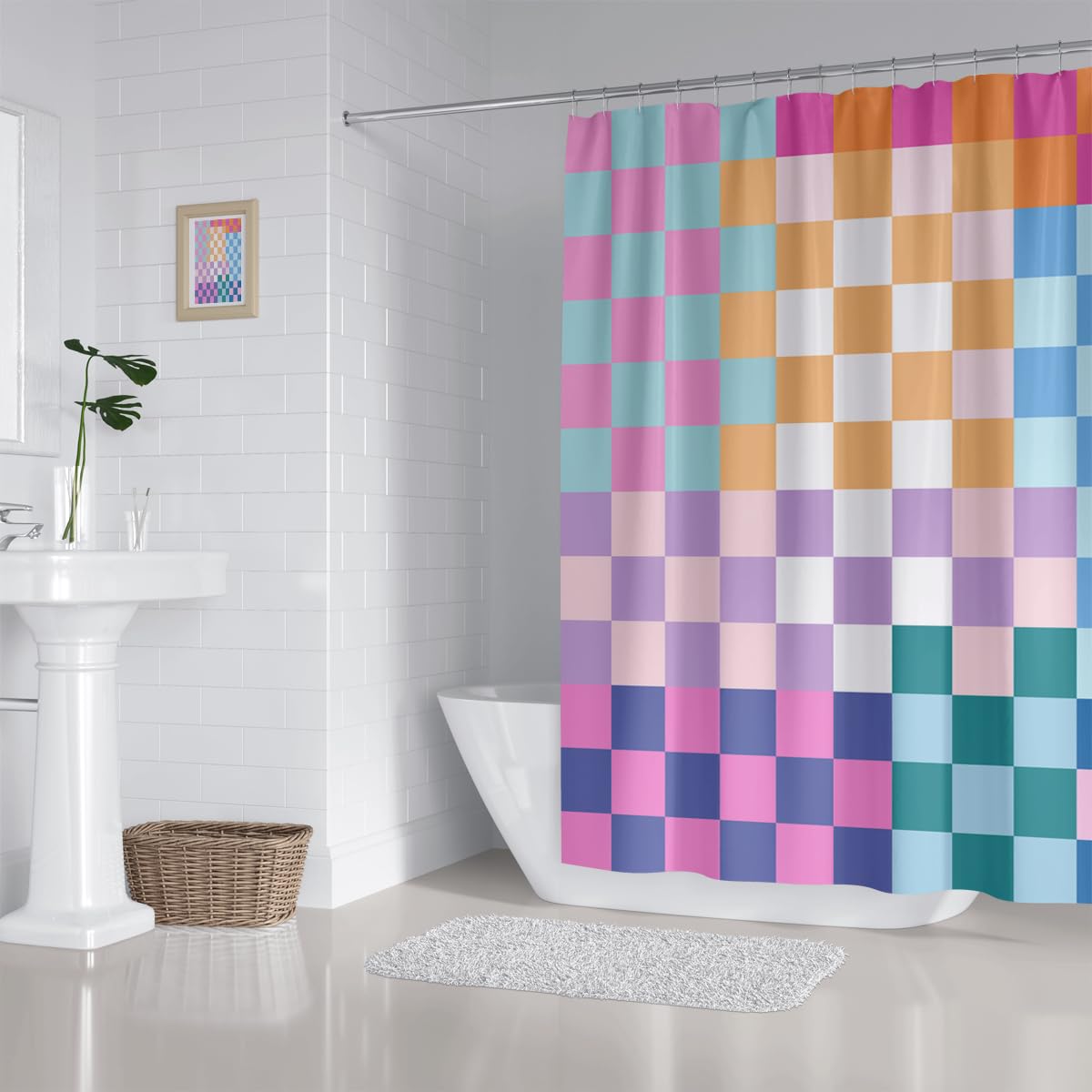 Zxmbf Retro Checkered Shower Curtain Colorful Geometric Modern Rainbow Minimalist Groovy Simple Bright Aesthetic Home Bathroom D