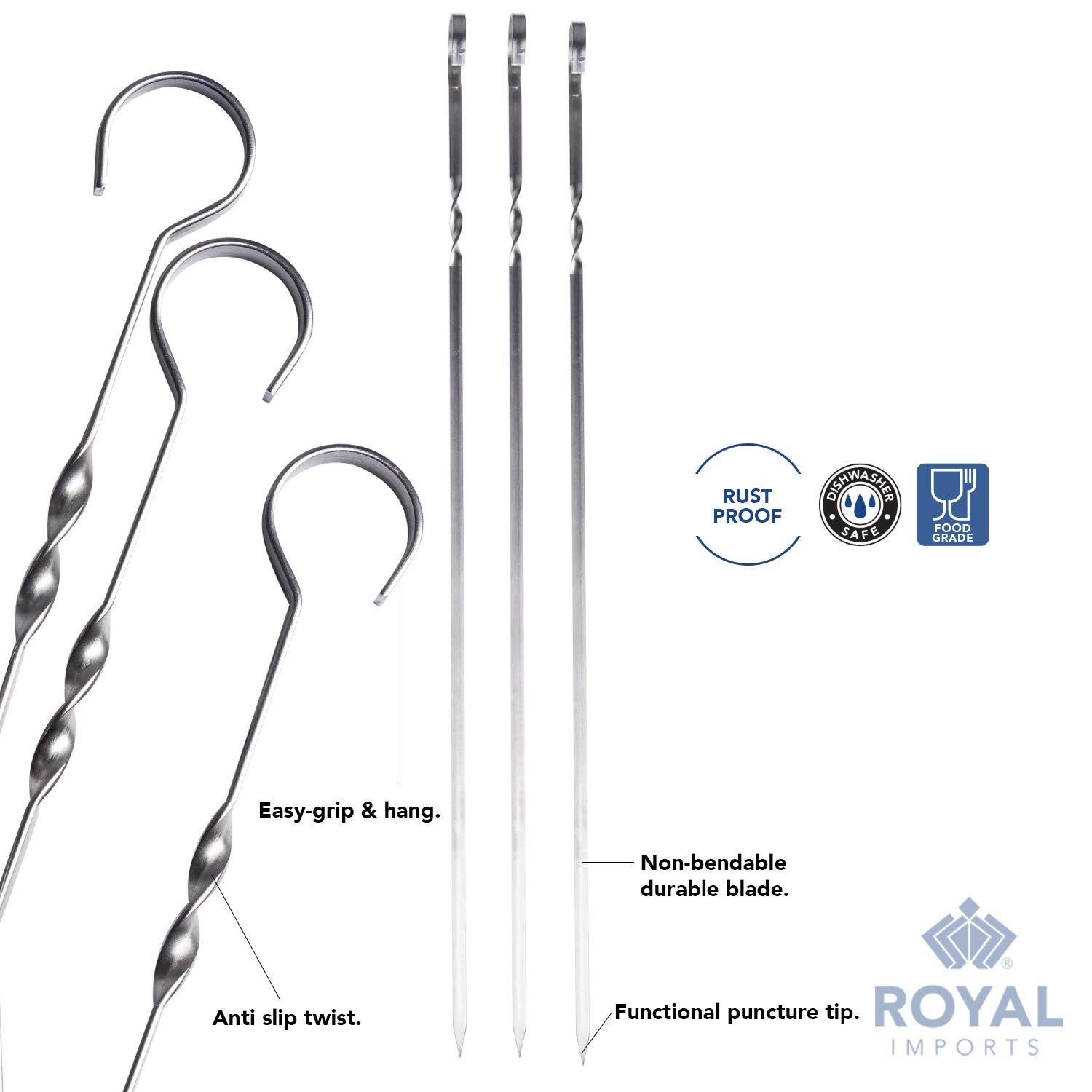Royal Imports Metal Shish Kabob Skewers Sticks For Bbq Grilling, Roasting, Barbecue Stainless Steel, 17'' Long Re-Usable - 12 Pc