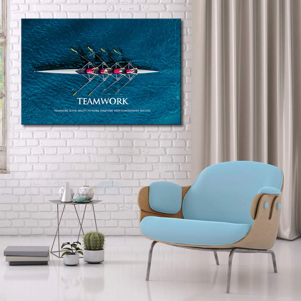 Klvos Inspirational Success Teamwork Canvas Wall Art Rowing Team On Blue Ocean Framed Motivational Self Positive Office Quotes P