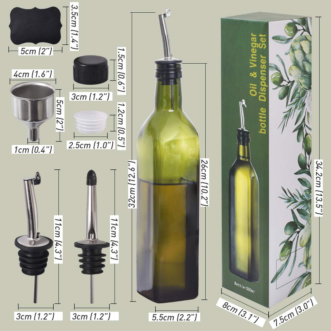Newk Olive Oil Bottle  17oz  500 ml glasses Oil & Vinegar cruet with Pourers + Funnel  Olive Oil Dispensing cruets  Decanter  carafe for Kitchen - green