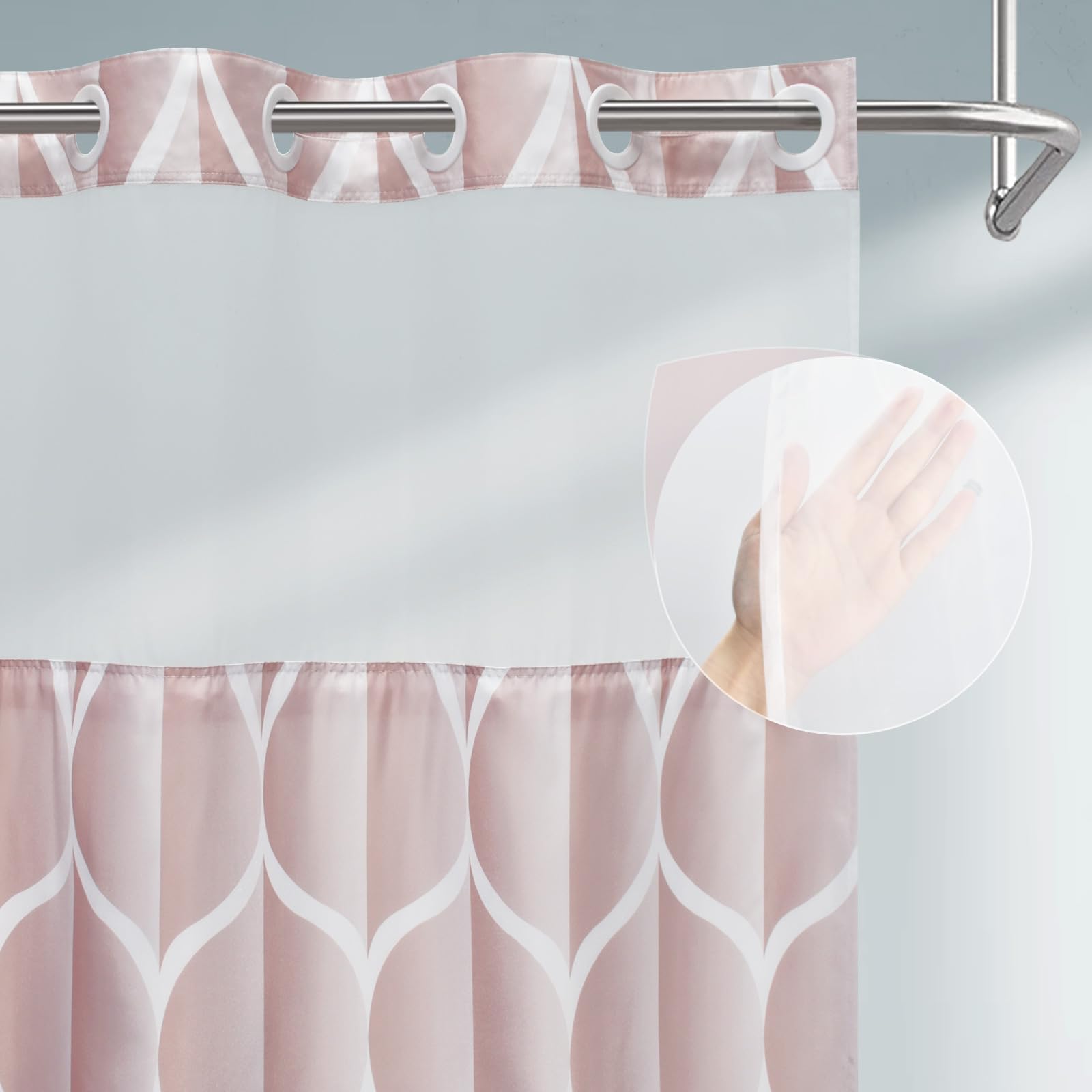 Yiatn No Hook Rosewater Pink Shower Curtain With Snap In Fabric Liner Set - Hotel Style With See Through Mesh Top Window, Modern