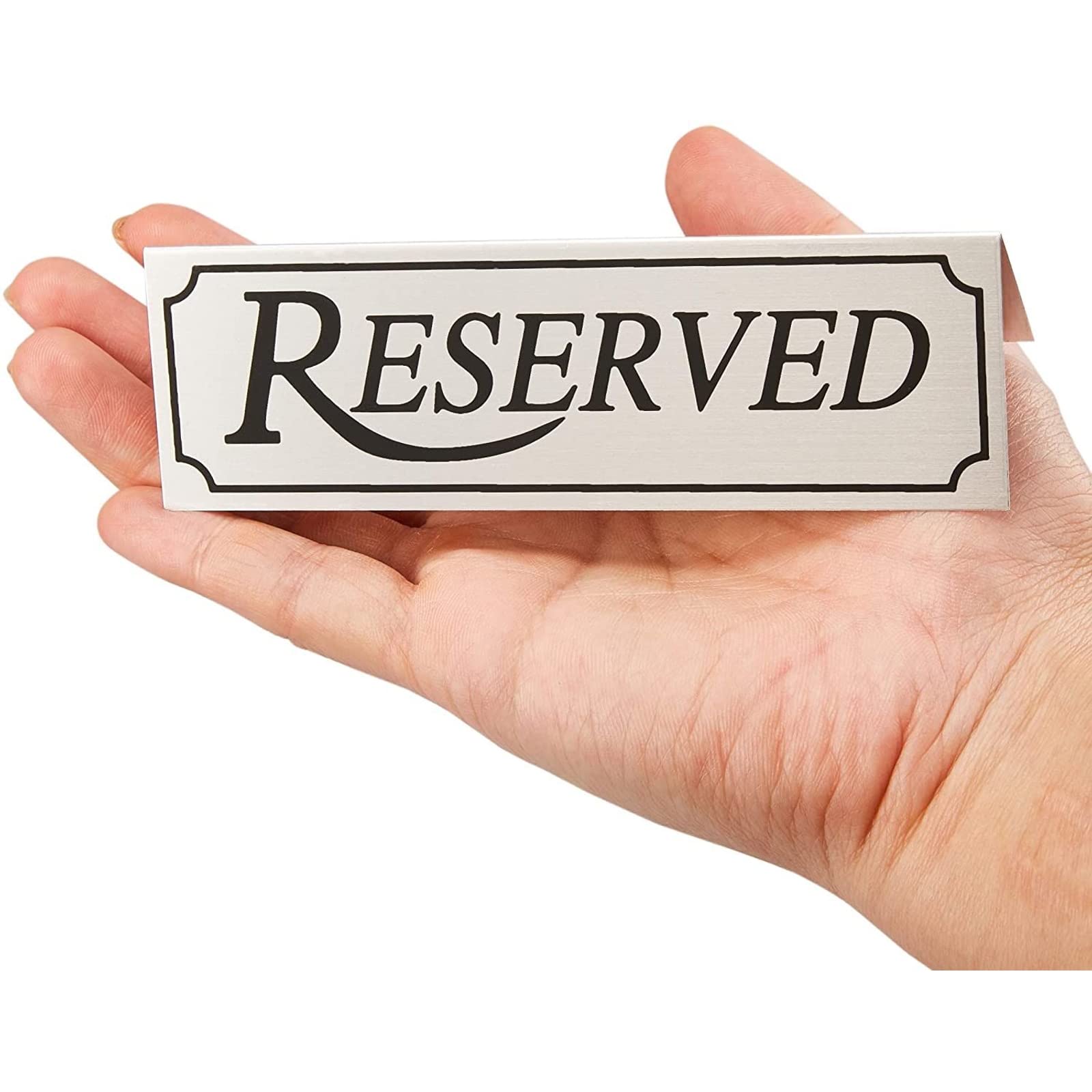12-Pack Small Metal Reserved Table Signs for Restaurants  Dinner Parties  Bridal Showers  and Wedding Banquets  Anniversaries  Etched Silver Design (4.7x1.5 in)